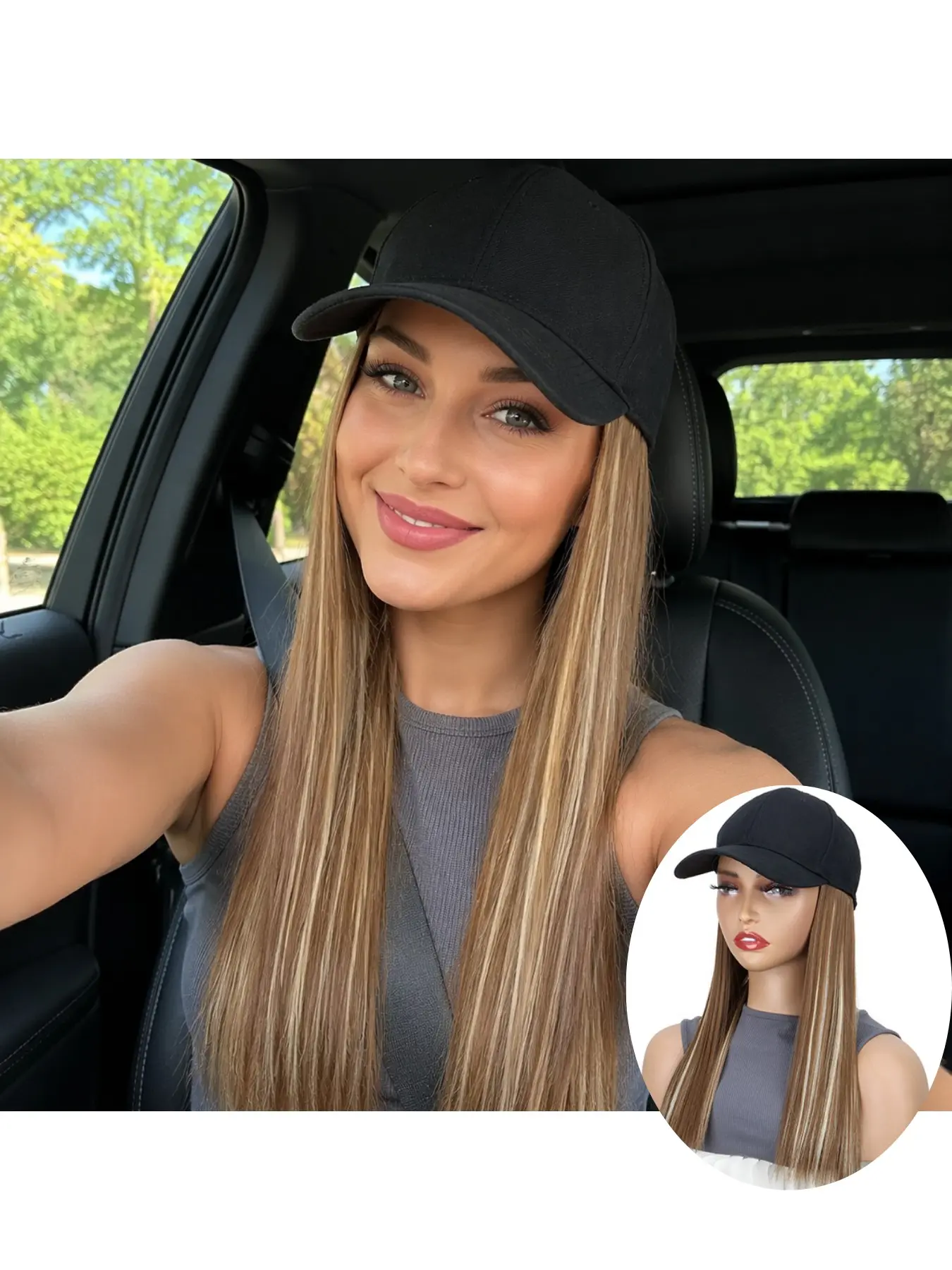 Women’s Baseball Cap Attached Long Straight Wig, 18inch Heat Resistant Synthetic Hair, Highlight Ombre Colors, Glueless Natural Look, Easy Wear Daily Street Fashion Wig Hat for US UK Girls Straight Synthetic Wigs