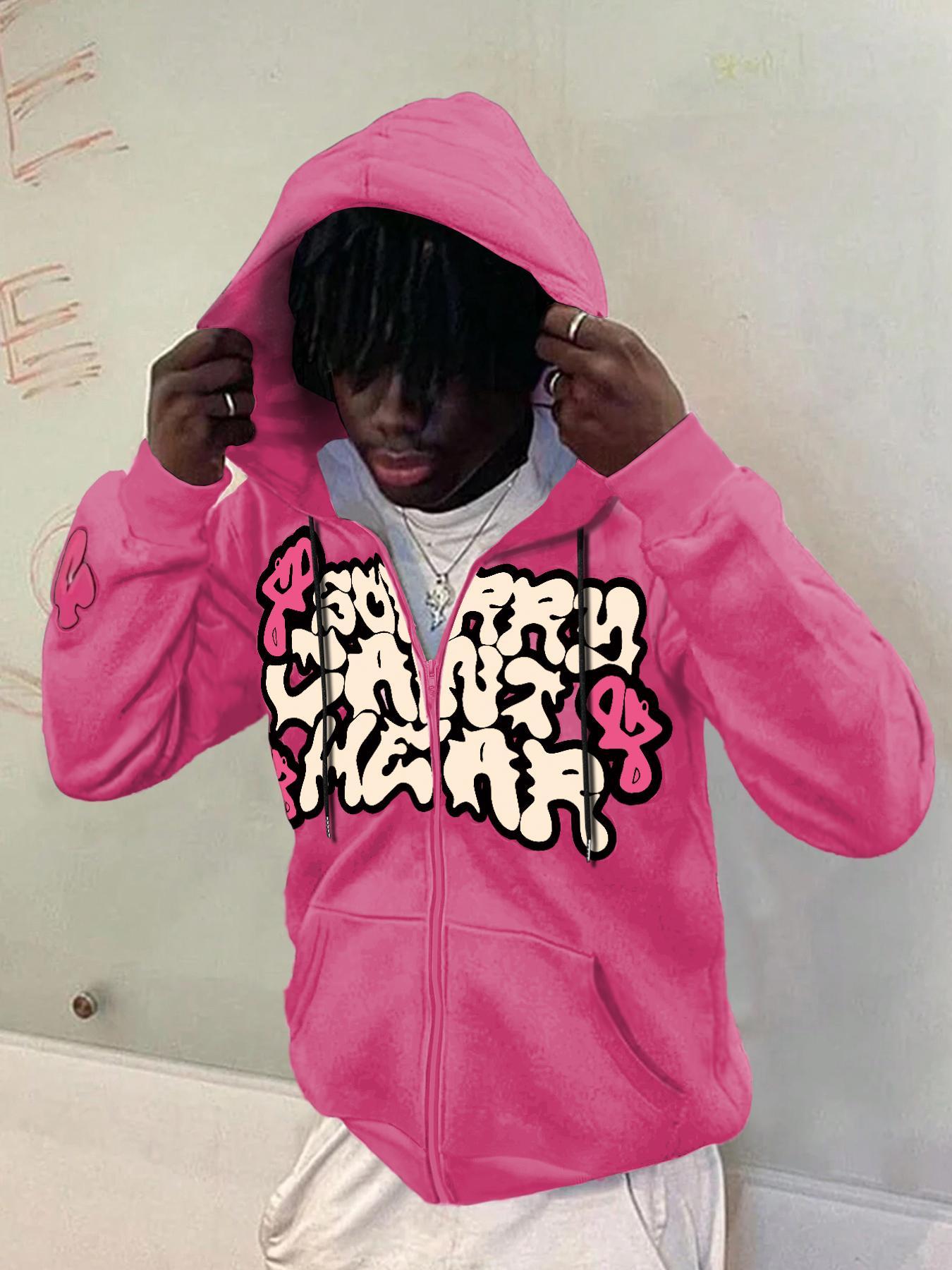 Men's Regular Fit Graphic Print Drop Shoulder Zip Up Hoodie, Fashion Casual Drawstring Pocket Plush Lined Hooded Sweatshirt for Daily Holiday Outdoor Wear, Men Clothes for Fall & Winter, Hooded Zipper Hoodie, Affirmation Zip Hoodie