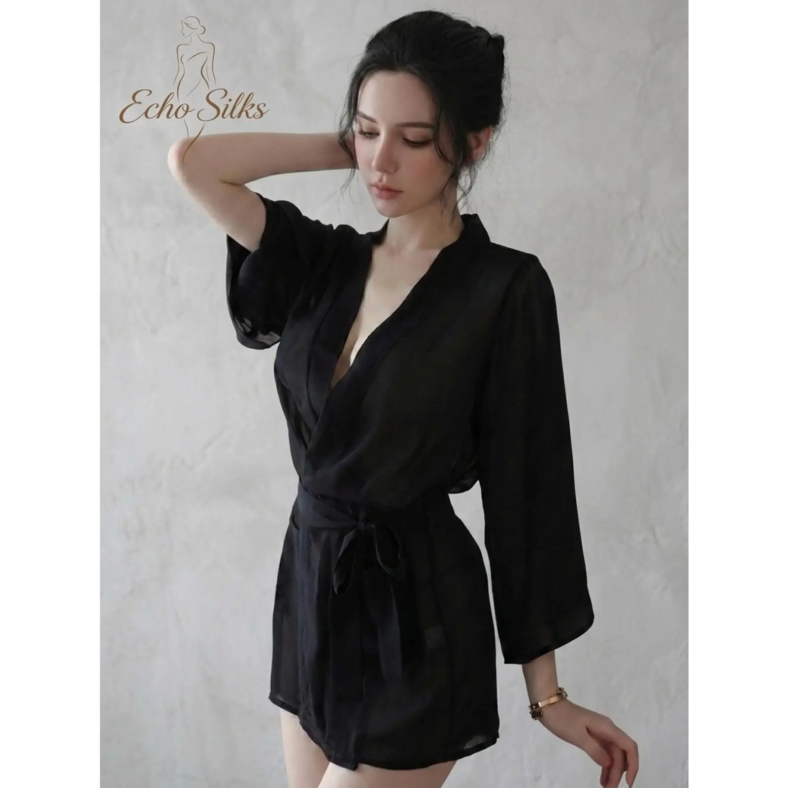 Women’s Black Sheer Robe Kimono Sleepwear Lightweight Chiffon Cover Up Belted Lingerie Nightgown Dressing Gown