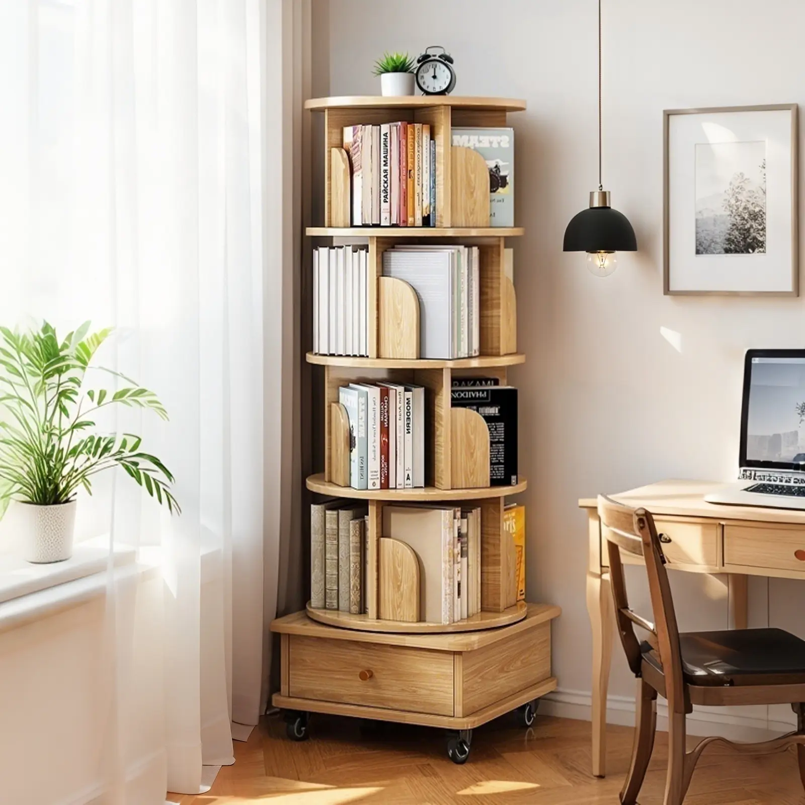 ARCH 5-Tier Rotating Bookshelf 360° Spinning Bookcase with Wheels, MDF Wood Storage Tower for Living Room Bedroom Home Office, Oak Color, Space-Saving Display Shelf with Drawers, Oak Color Options, MDF Material, Modern Style, Product Dimensions: