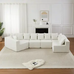 151.6-inch Extra-Large L-Shaped Deep-Seat Modular Sofa Chenille Fabric Sectional Sofa Includes 11 Pillows Curved Recliner Floor-Standing Living Room Sofa No Assembly Required Beige