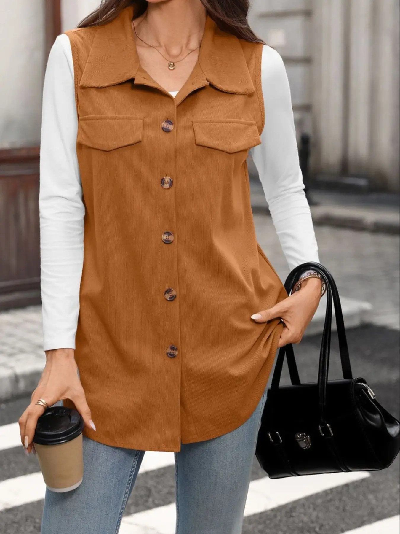 Women's Lapel Button Waistcoat, Long Slim-Fit Casual Top, Plain Design, Full Placket, No Zipper, Batch Number 7740