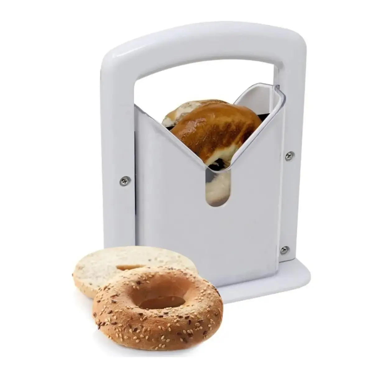 Stainless Steel Bagel Guillotine Manual Bagel Slicer | 9.25-Inch High-Precision Square Cut, Ergonomic Handle, White - No Electricity Needed for Home & Commercial Use, Bagel Preparation | Clean Aesthetic | Manual Operation