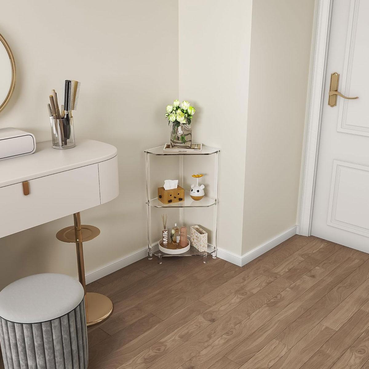 Modern Acrylic Corner Table, Modern Entryway Table, Modern Side Table, Transparent Triangle Shelf for Living Room Bedroom Bathroom, Easy Assembly Space-Saving Design