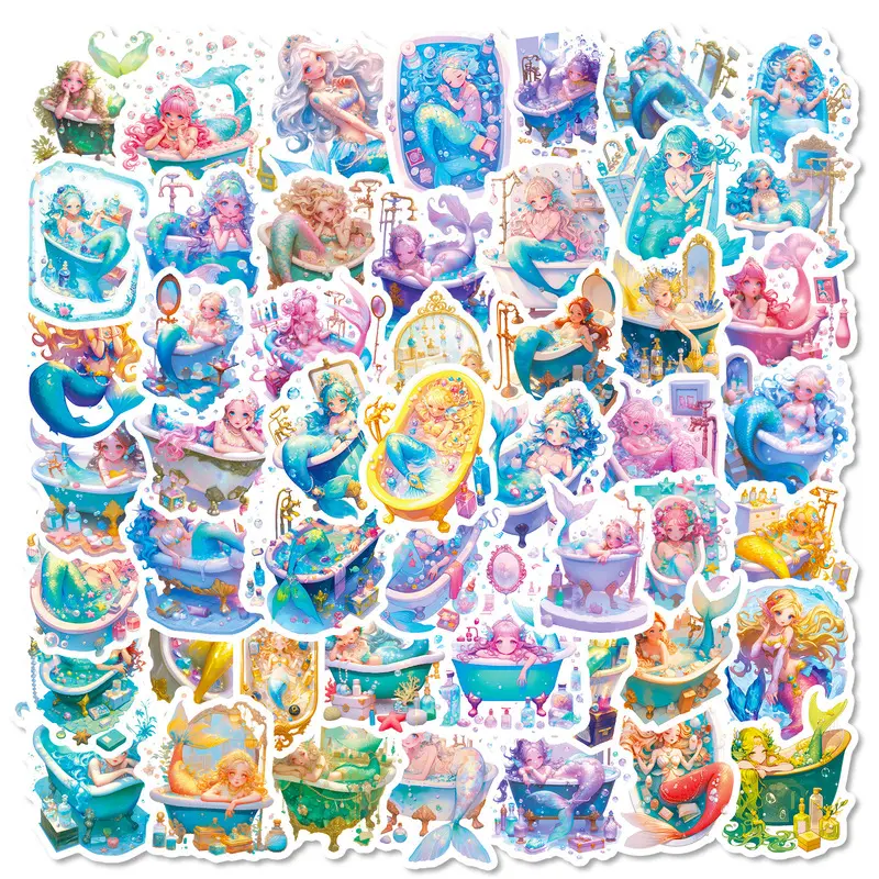 56 mermaid bathtub graffiti stickers, cartoon fantasy high-value stickers for planners and skateboard decorations