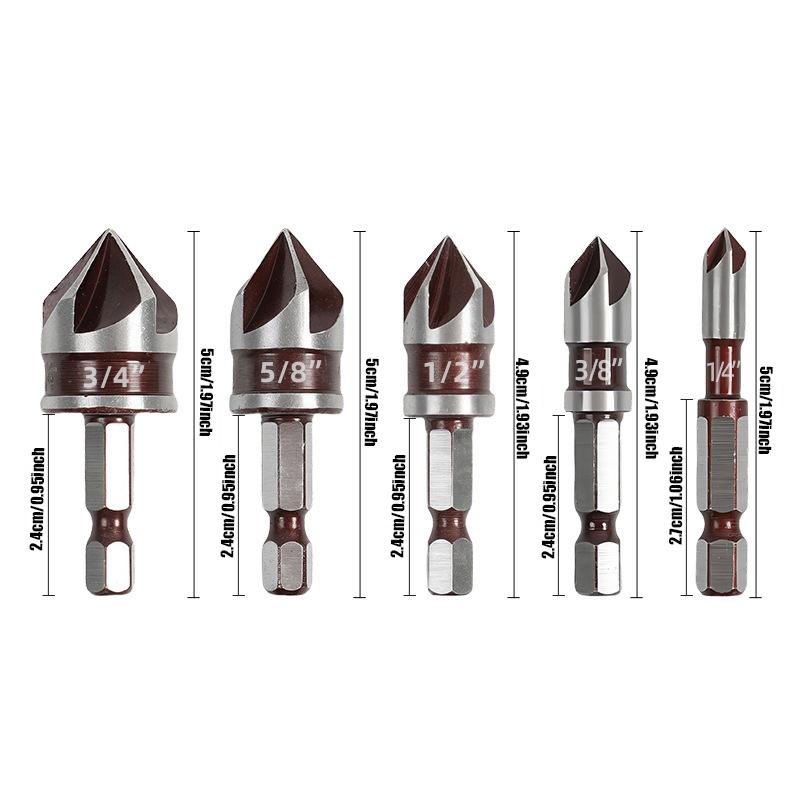 5-Piece Countersink Drill Set, Hex Shank Five-Flute Chamfering Tool, Hard Alloy, Titanium Coated, for Metal Wood Composite Material