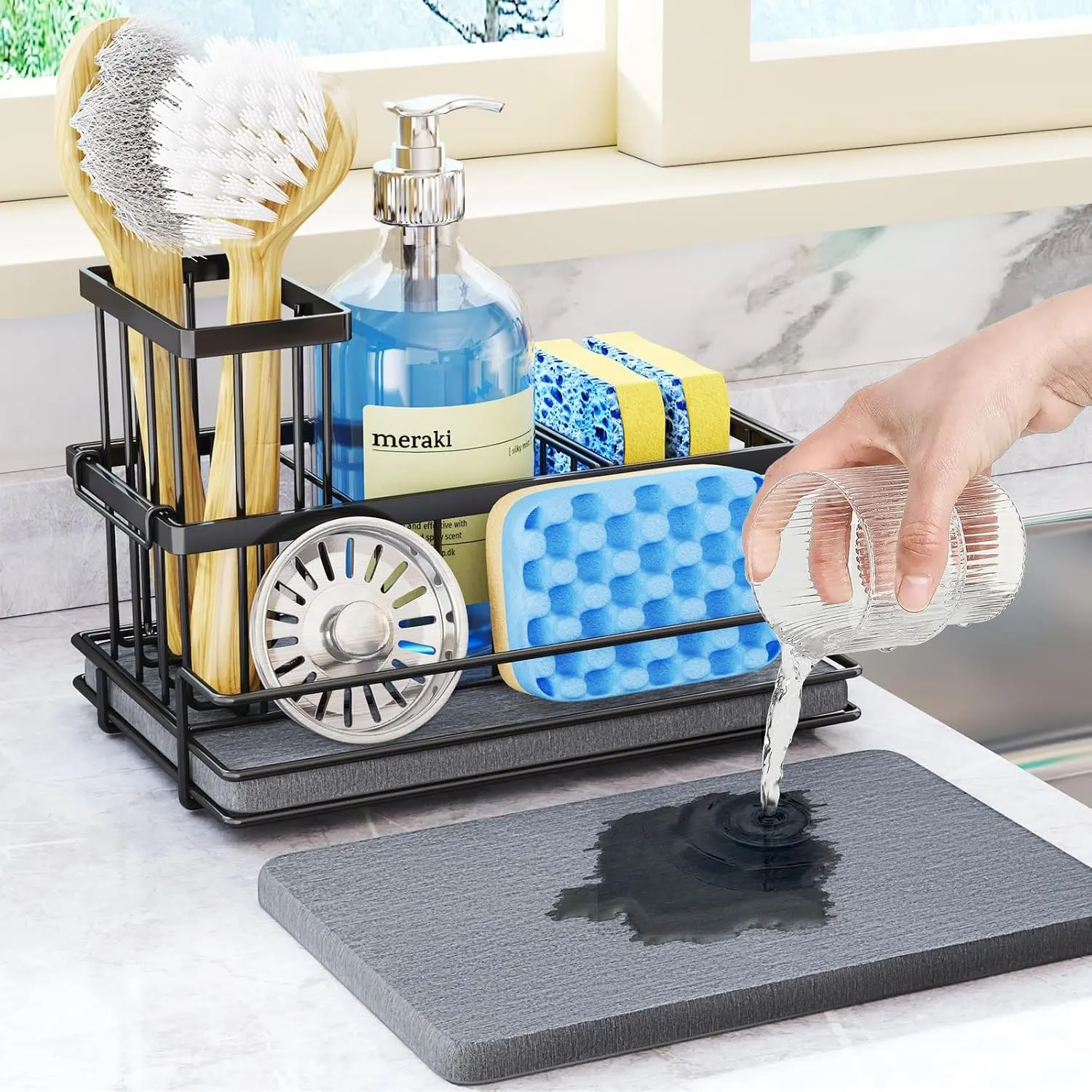 Black Stainless Steel Hollow Metal Sink Caddy - Kitchen Sink Organizer with Instant Drying Stone and Brush Holder, Bathroom Counter Organizer