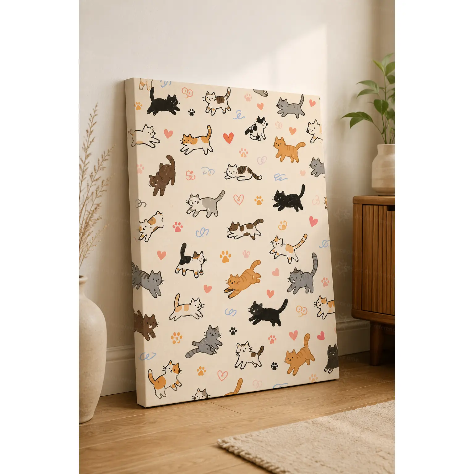 Cute Doodle Multi Breeds Cat Paw Heart Pattern Wall Art Canvas Poster, Minimal Cream Cartoon Pet Decorative Poster Prints, Soft Lovely Wall Decor for Bedroom Nursery Living Room Apartment, Available as Unframed Canvas Poster or Framed Canvas Wrap