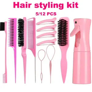 12Pcs Hair Styling Kit, All-in-One Hair Brush & Comb Set with Fine Mist Spray Bottle, Edge Brush, Rat Tail Comb, Detangling Brush, Sectioning Clips & Bun Styling Tools, Salon Hair Care Set for Sleek Buns, Ponytails, Smoothing, Detangling & Daily Styling
