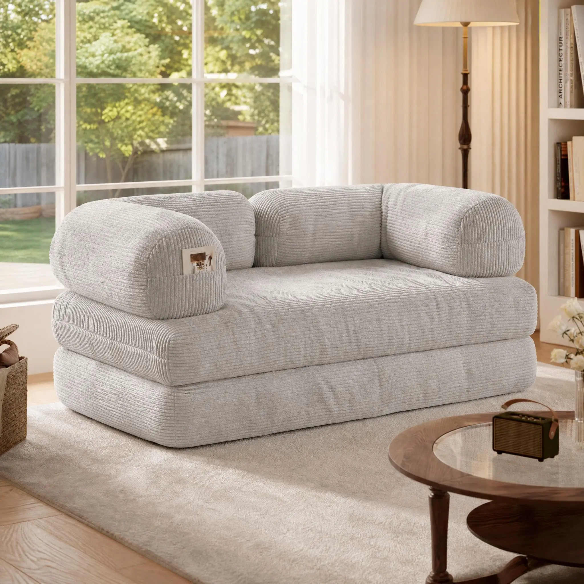 Corduroy Floor Sofa Bed, 4-in-1 Convertible Futon Couch, Double Layer Boneless Floor Lounger with Foam Backrest, Space Saving Foldable Sleeper Sofa for Living Room Bedroom