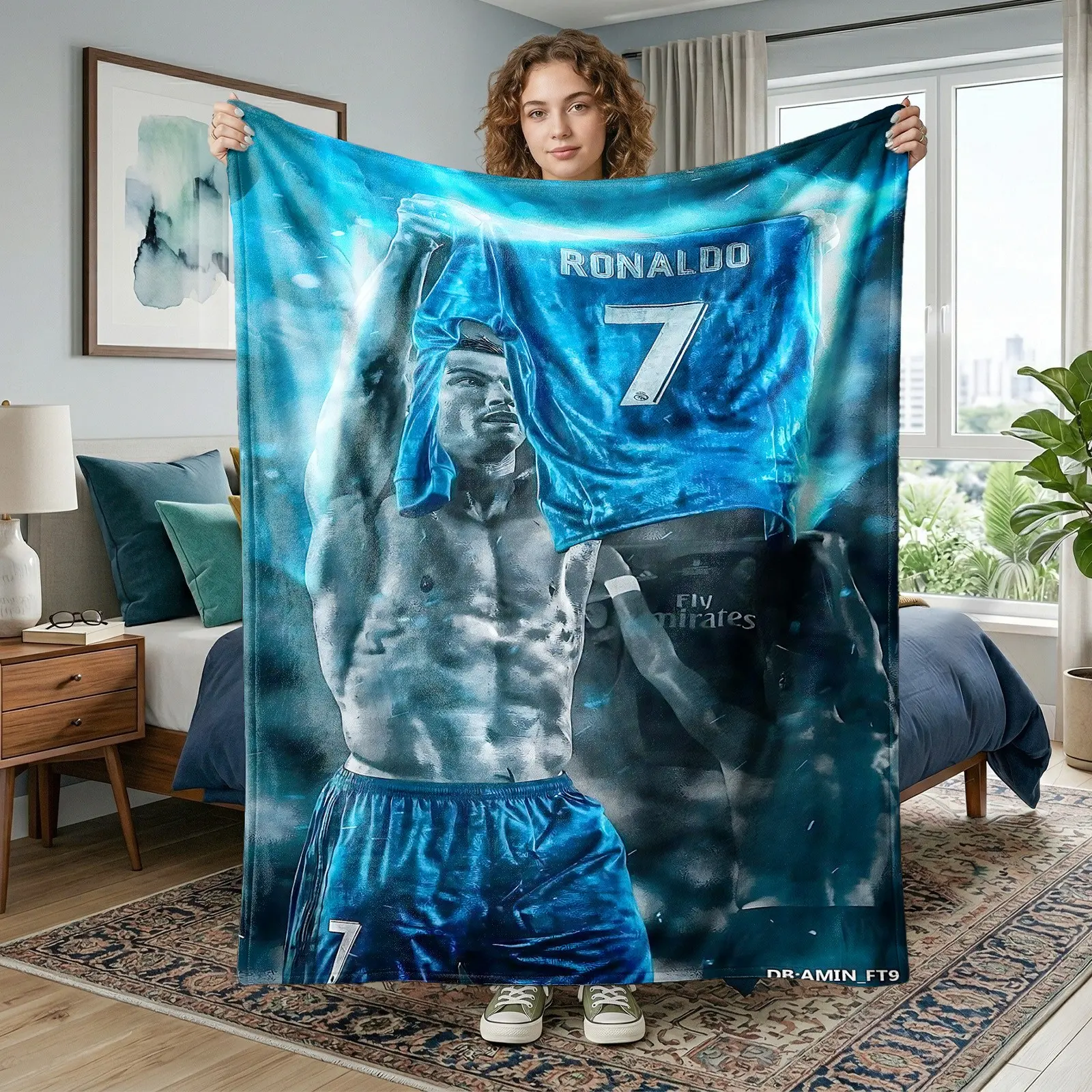 1pc Ice Blue Lightning Cristiano Ronaldo Football Star Themed Flannel Blanket, full printed with Ronaldo muscular celebration portrait, Real Madrid blue No.7 jersey, matching No.7 shorts, Fly Emirates sponsor text, icy blue flame light effect, black white