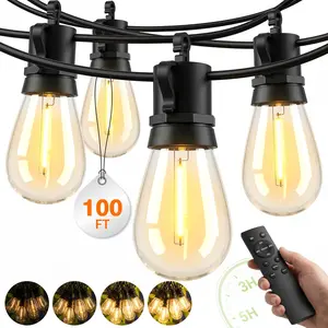 Outdoor String Lights LED Patio Light 100Ft Waterproof Dimmable Porch Lights with Remote Shatterproof S14 Bulbs Connectable Hanging Lighting for Gazebo Backyard Bistro Pergola