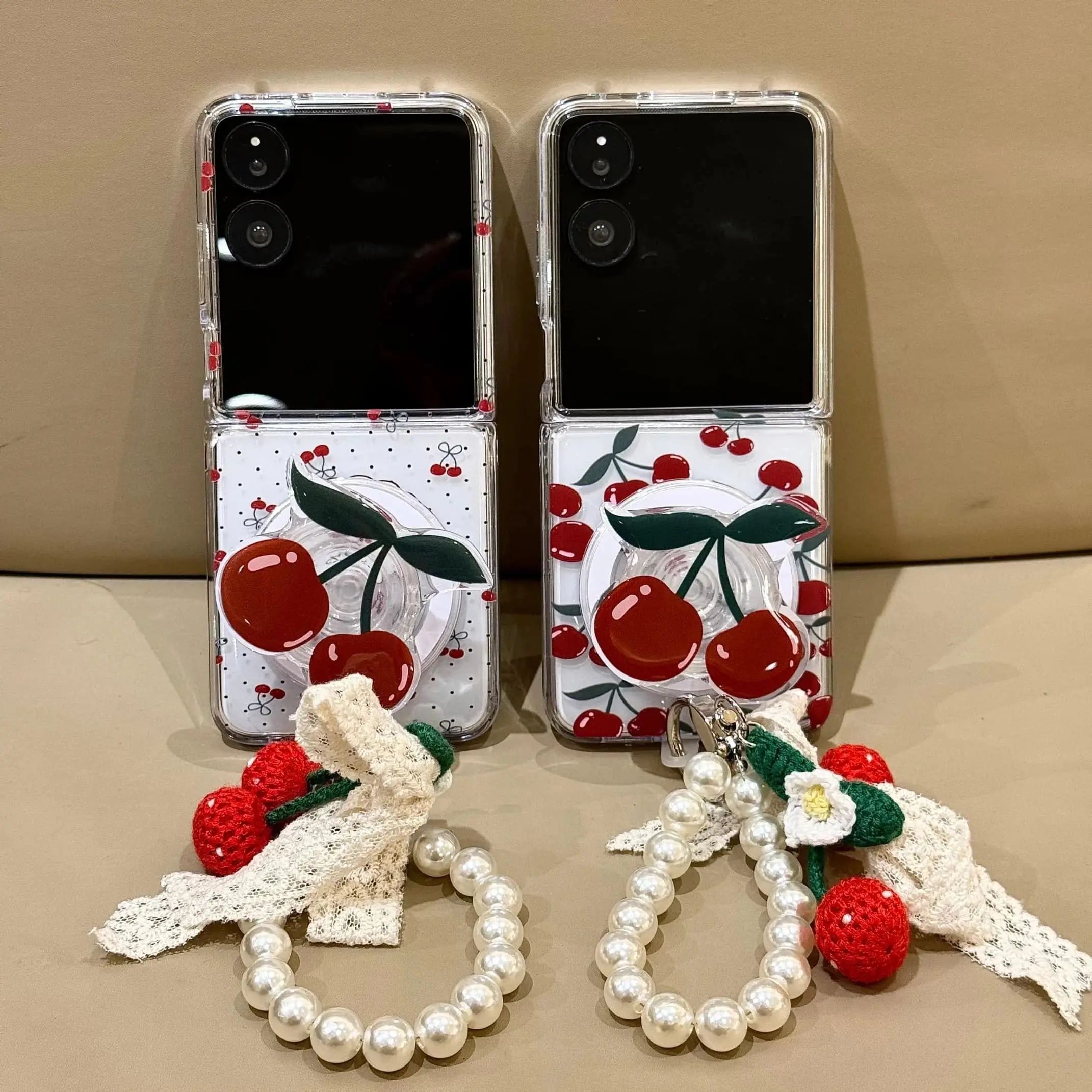 For Motorola Razr 40 50 60 Ultra Xiaomi Mix Flip 2 3IN1 Rope Strap Fold Phone Case Polka Dot Cherry Magnetic Shockproof Cover