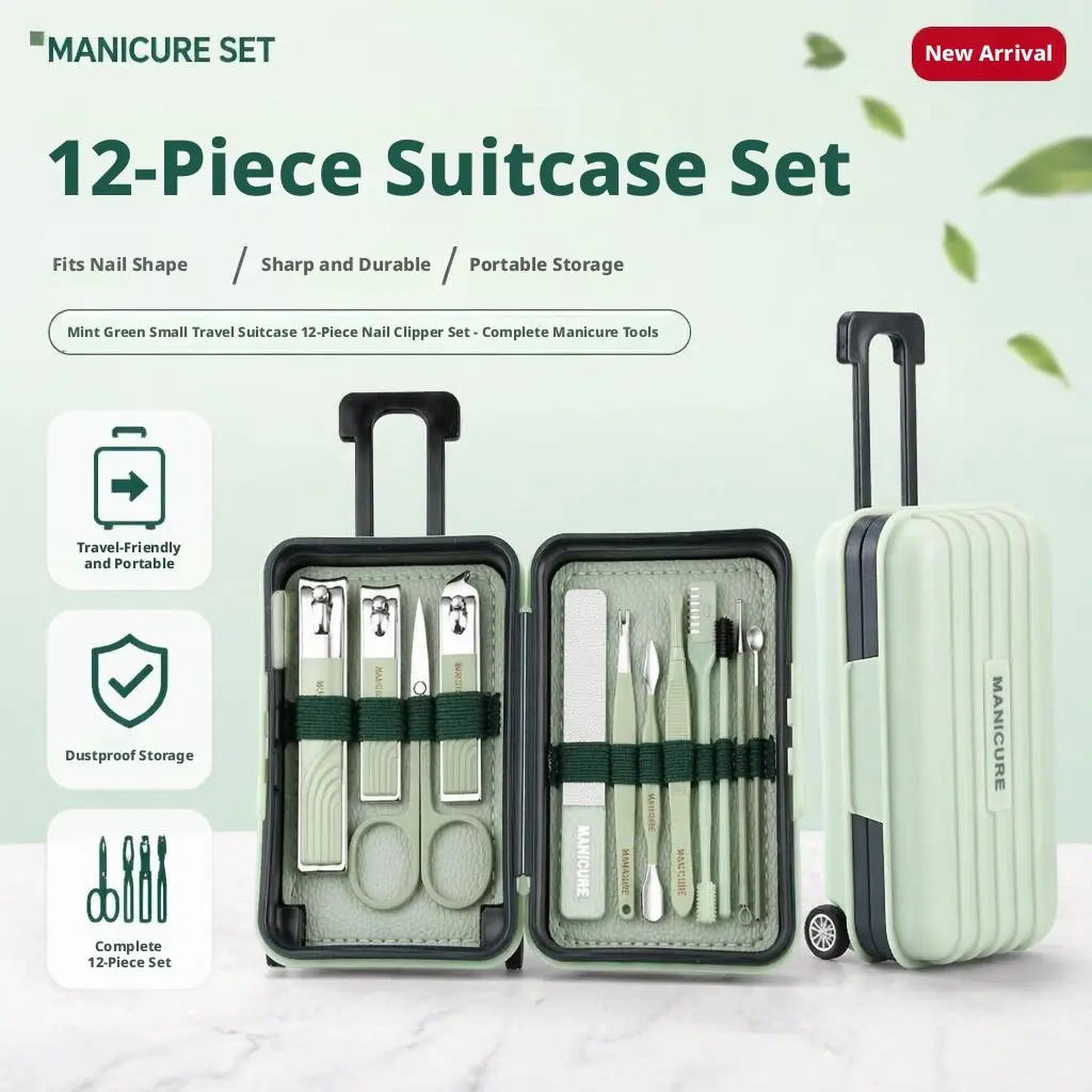 12-Piece Nail Care Kit, Portable Mini Luggage Design, Essential Manicure Tools for Travel & Home Use, Compact Beauty Essentials