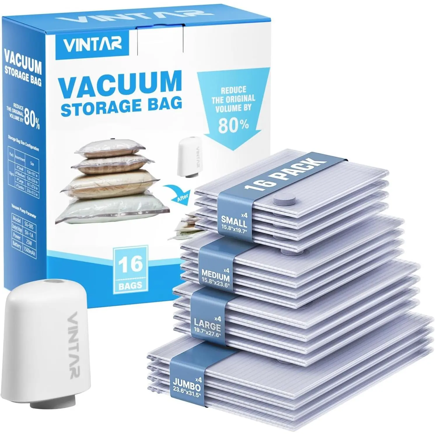 Travel Vacuum Seal Bags for Clothing with Rechargeable Cordless Pump, 16 Pack (4J+4L+4M+4S) Carry-on Size Space Saver Vacuum Storage Bags, Compression Packing Bags for Luggage and SuitcaseGift.