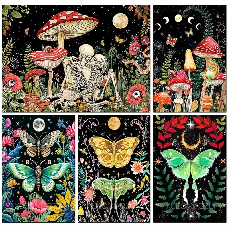 Gothic Skeleton Moth Mushroom Diamond Painting Kit Full Round Drill Red Fly Agaric Moon Crescent Wild Floral Snake Frog Night Forest Luna Moth Dark Cottagecore Witchy Mosaic Wall Decor Gift for Women Beginners