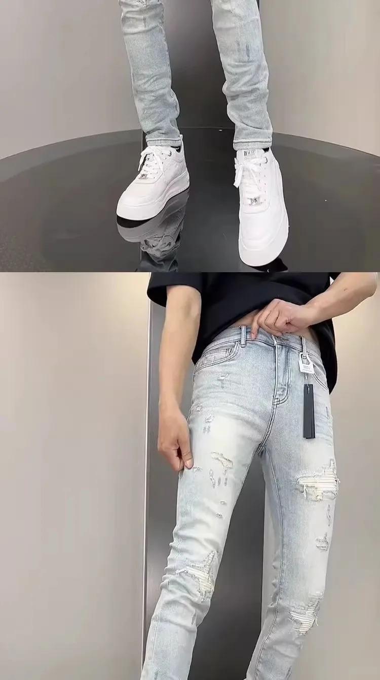New Korean Luxury Clothing High Jeans for Men Fashion Slim Fit Pencil Pants with Holes Summer Casual Denim Trousers Male