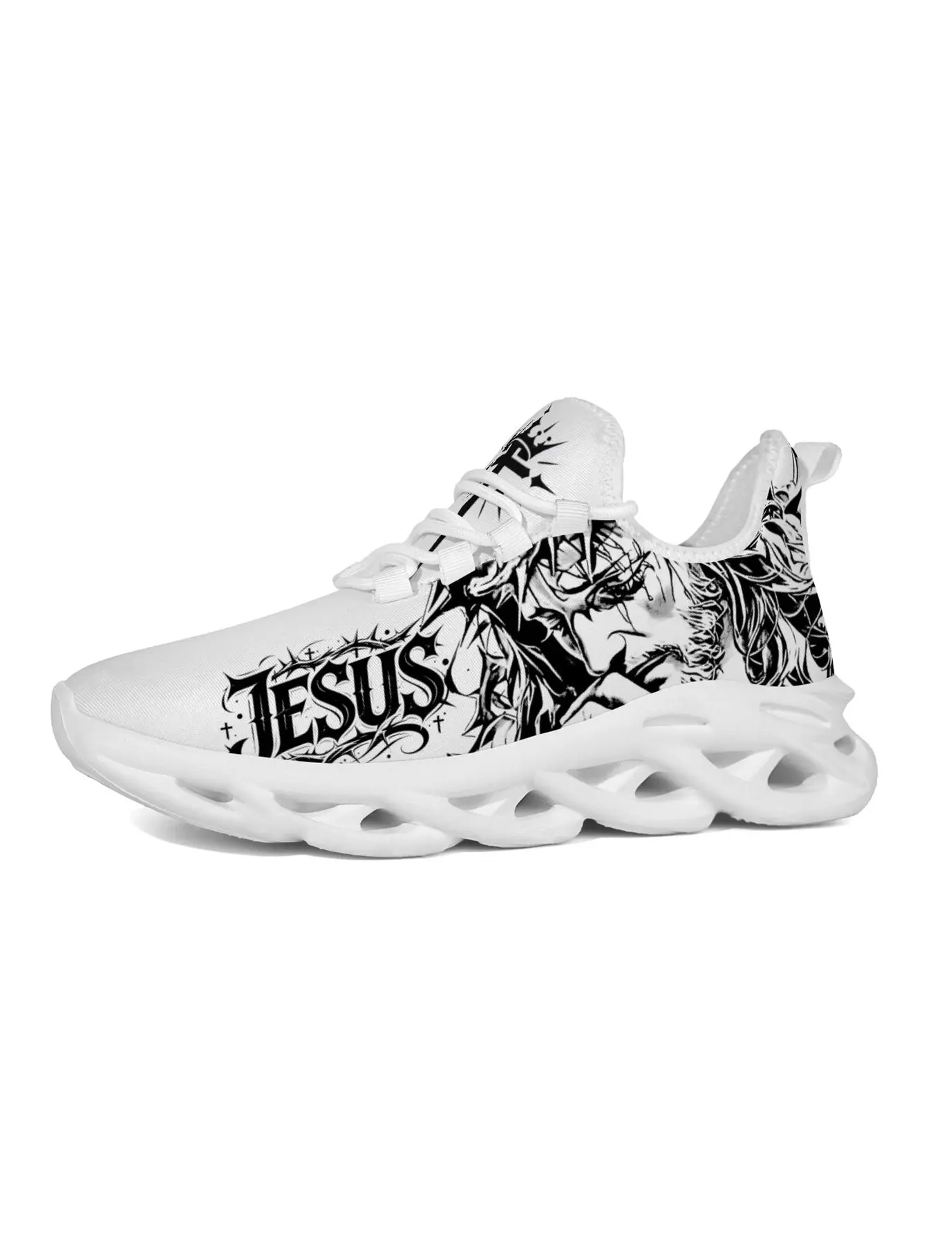 JESUS Men Women Vintage Black White Religious Line Art Print Mesh Running Shoes Lightweight Breathable Gothic Letter Pattern Casual Sneakers Non Slip Hollow Cushion Sole Footwear for Daily Street Outdoor Sports Wear