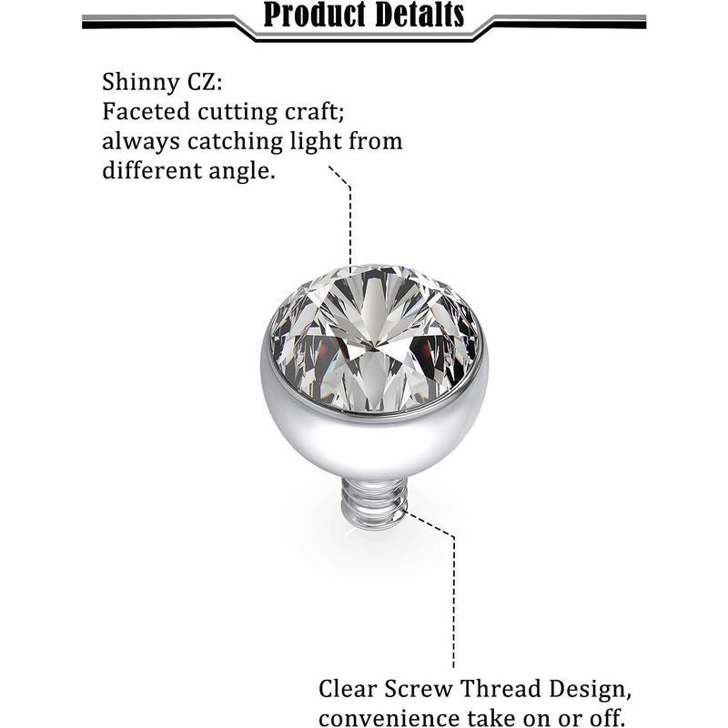 14G Dermal Tops Internally Threaded 316L Surgical Steel Dermal Anchor Clear Cubic Zirconia Dermals Piercing  for Women Men Top Size 2mm 3mm 4mm