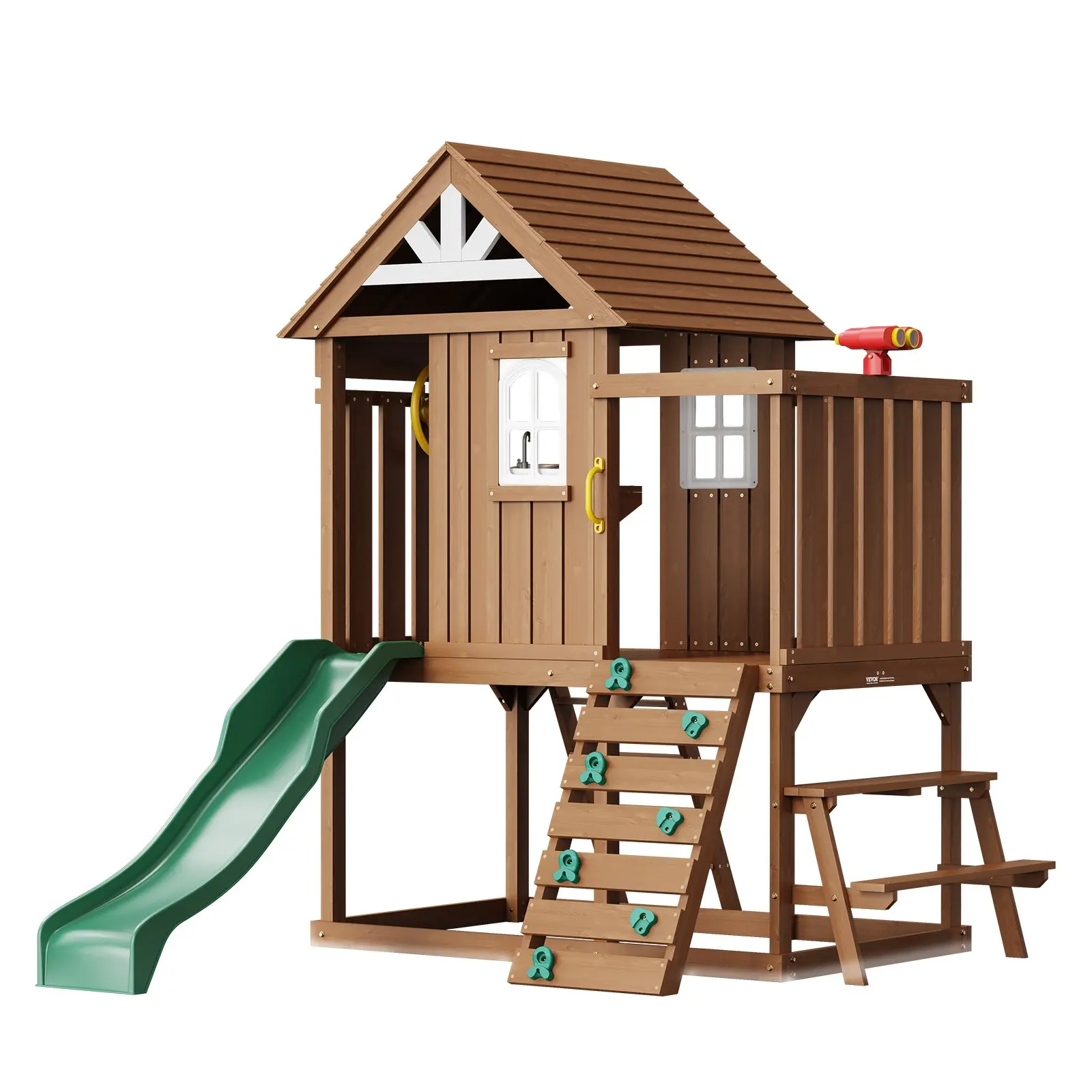 【DealsForYouDays】VEVOR Outdoor Wooden Playhouse, Modern Cedar Playhouse for Age 2-8 Years Kids, Garden Games Cottage, Country Style Cedar Playhouse with Slide, Ladder, Climbing Wall, Windows, Picnic Table and Bench