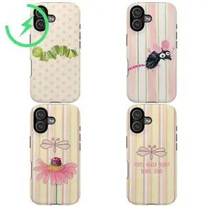Magnetic Smartphone Case for iPhone 17-11, Preppy Cottagecore Watercolor Design with Hand-drawn Insects (Caterpillar, Mouse) & Soft Pastel Stripes - Protection for iPhone 16 Plus, 15/14/13/12 Max Pro, Cute Nature Gift for Her