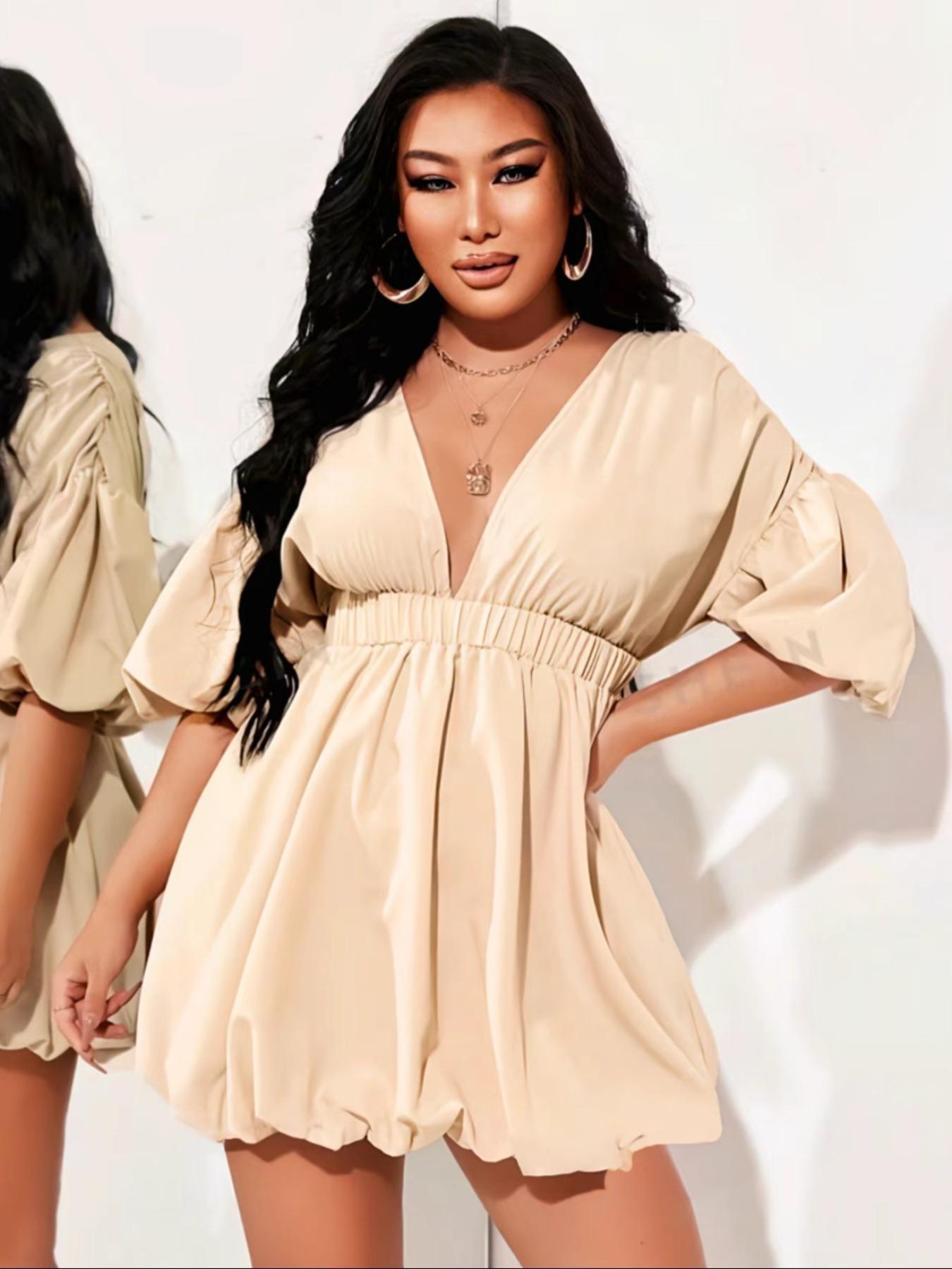 Women's Plain Puff Sleeve Deep V Neck Dress, Fashion Casual Short Sleeve A Line Mini Dress for Daily Outdoor Wear, Women Dress for Spring Fall, Womenswear