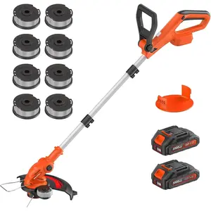 Electric String Trimmer Cordless with 2x2.0Ah , 20V   12-inch Lawn Mover & Edger Lawn Tool with Charger,  Grass Trimmer with 8 count Spool Line for Yard, Garden, Orange