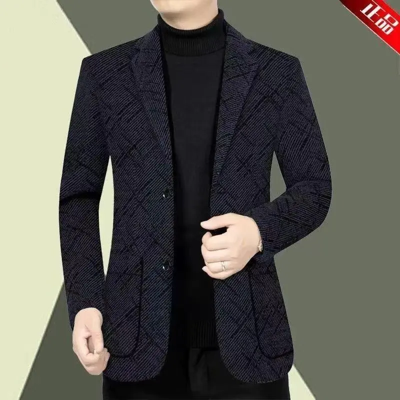 2025 Heavyweight Thickened Suit Jacket for Men Beige Plain Long Sleeve Autumn Winter New Casual Woolen Thickened Jacket for Middle-aged Men Dad Jacket Menswear