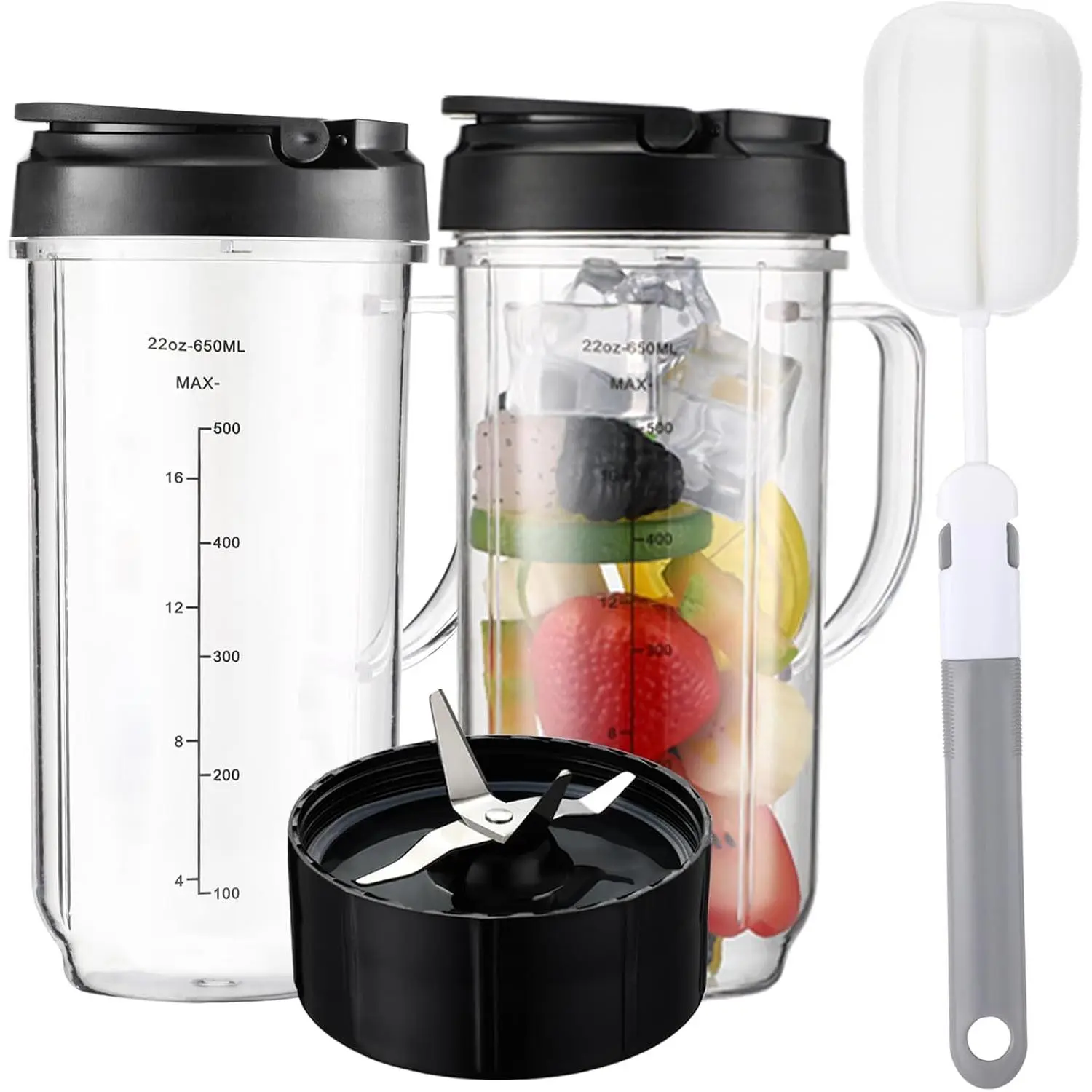 Magic Bullet Blender Replacement Parts - 22oz Tall Transparent Dual Marks Cup with Flip Top To-Go Lid, Handle, Cross Blade, 1x Dishwasher Safe Cleaning Brush for Smoothies, Protein Shakes, Baby Food (250w MB1001 MBR-0701AK), Frozen Drinks