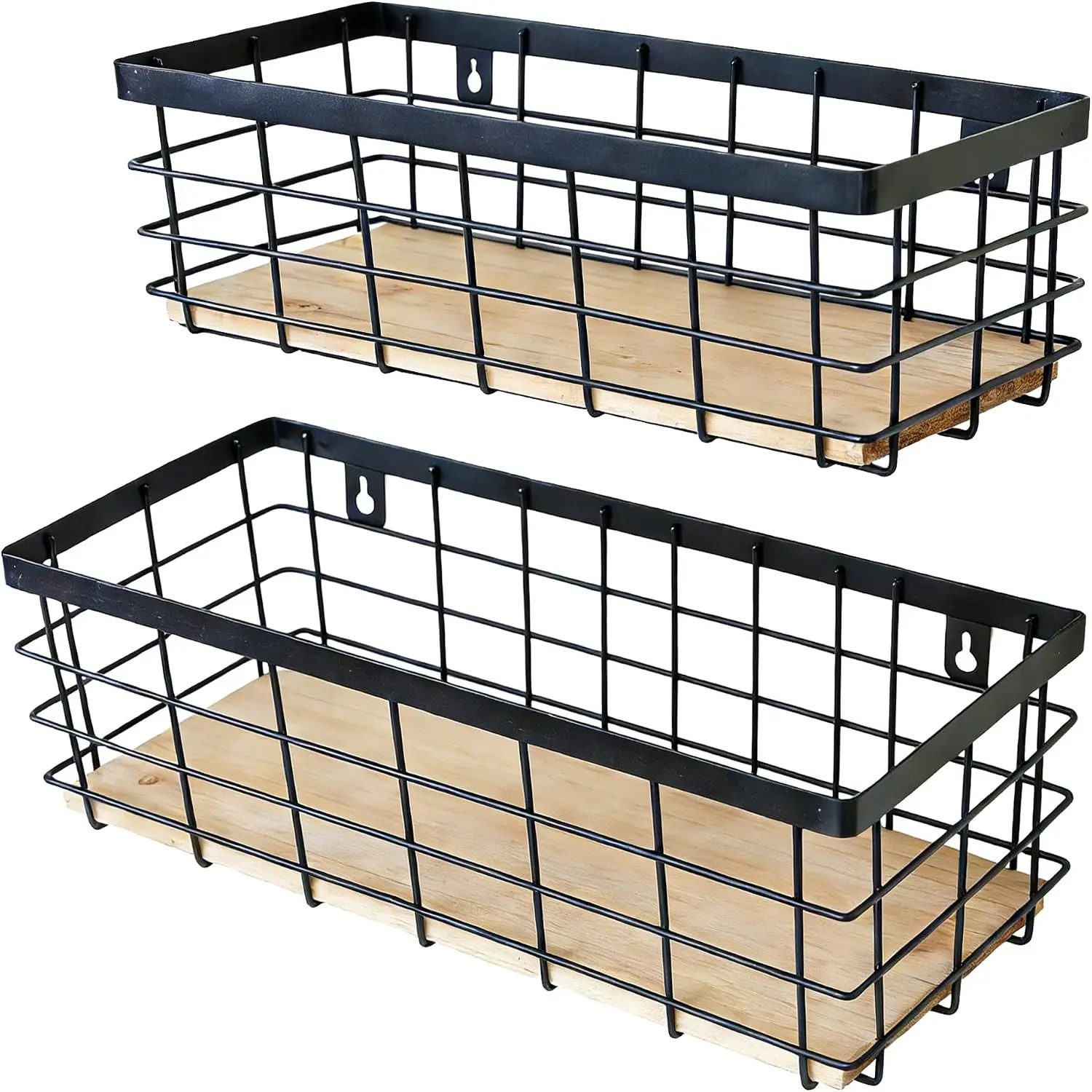 Metal Wire Basket for Kitchen Cabinet Pantry Bathroom Set of 2 | Detachable Wood Base, Farmhouse Hanging Basket, Storage Organizer for Kitchen, Cabinet, Bathroom, Pantry, Laundry Room