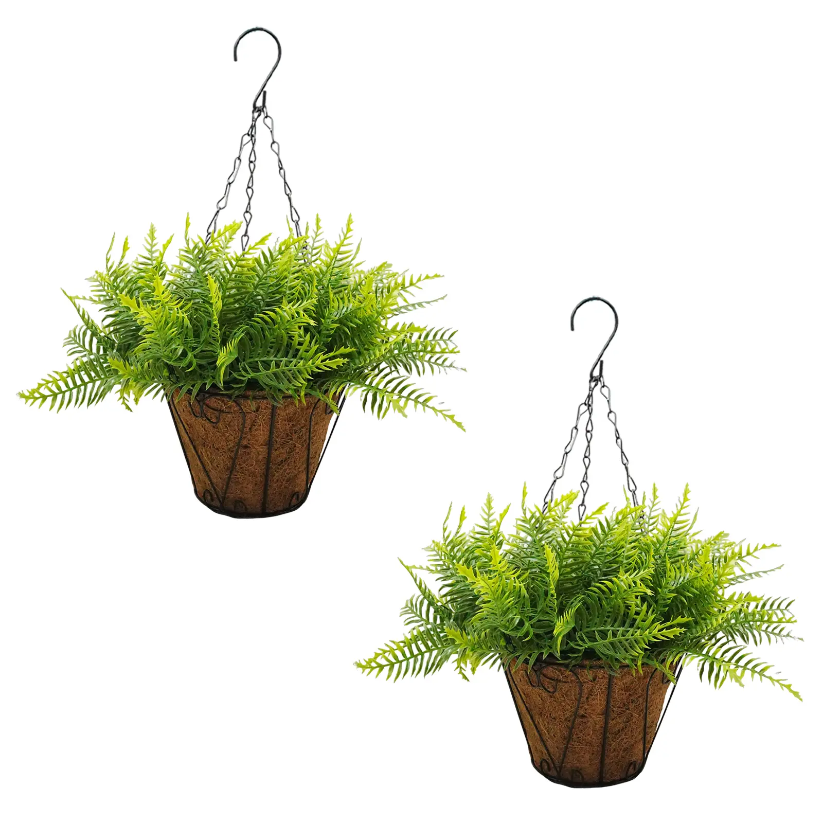 2-Pack Artificial Green Fern in Coconut Fiber Hanging Planters with Durable Iron Hangers for Indoor Outdoor