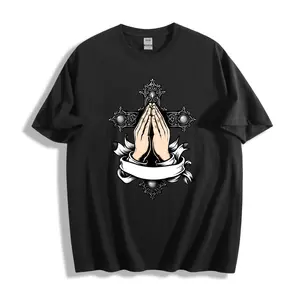 Black Gothic Style Unisex T-Shirt With Praying Hands And Ornate Cross Design Perfect For Religious Or Spiritual Wear Ideal For Autumn And Winter Seasons Great Gift For Faithful Friends And Family Members