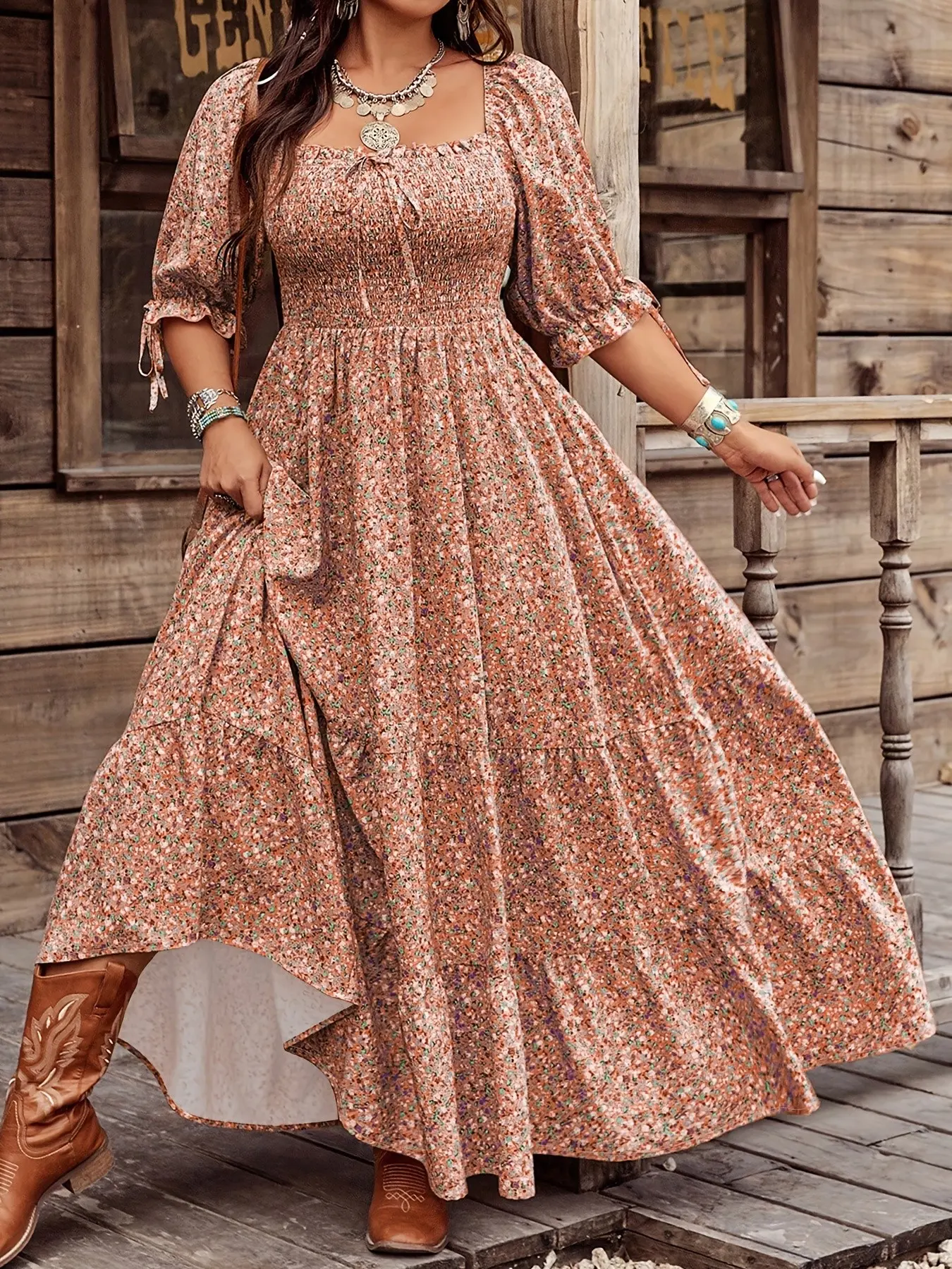 bohemian casual print dress Women's Floral Square Neck Half Sleeve Lantern Patchwork Dress, Long for All Seasons, Comfortable & Stylish, Boho Fashion Casual, Womenswear Boho, Bohemian Summer Dresses, Casual Boho Style Sage Coast Satin Bardot body:XSP-XLP Size:38 WAIST / 32 INSEAM Wear with wedges and