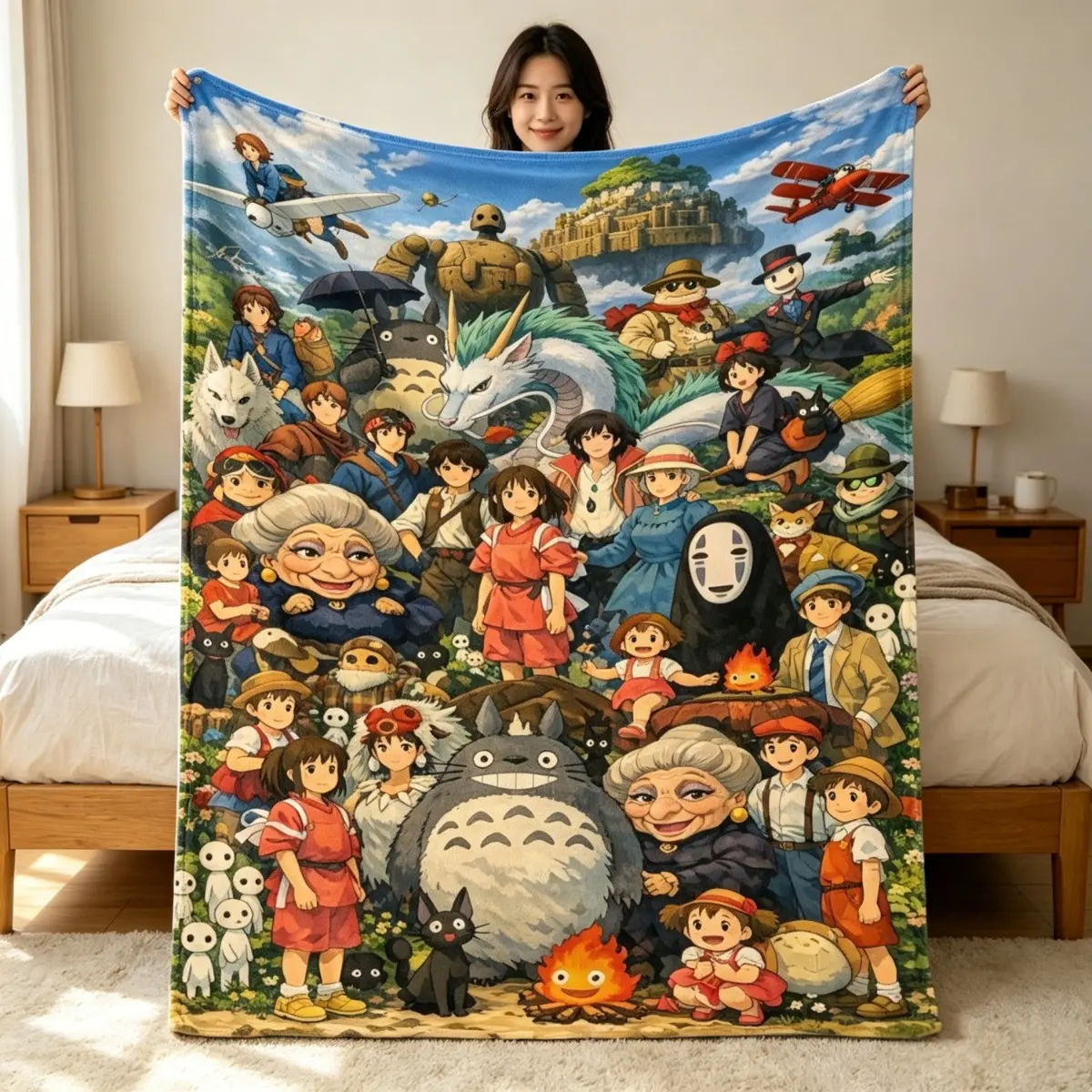 Studio Ghibli All Characters Collage Flannel Blanket, Totoro & Friends Anime Throw for Fans & Home Decor