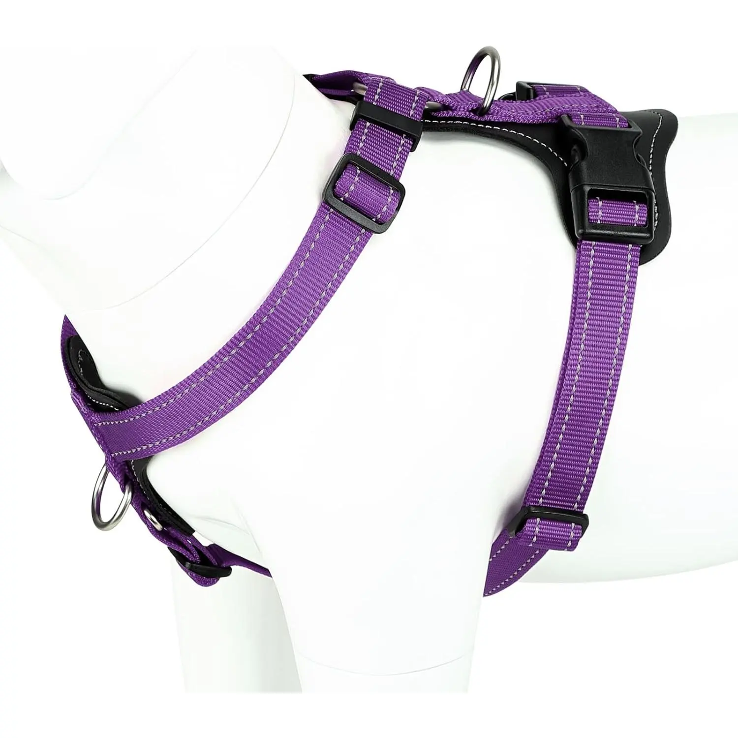 Adjustable No Pull No Choke Dog Harness with Leather Accents, Heavy Duty Premium Reflective Nylon Vest Harnesses with Front/Back Clip & Secure Fit for Training, Hiking (Purple, L)