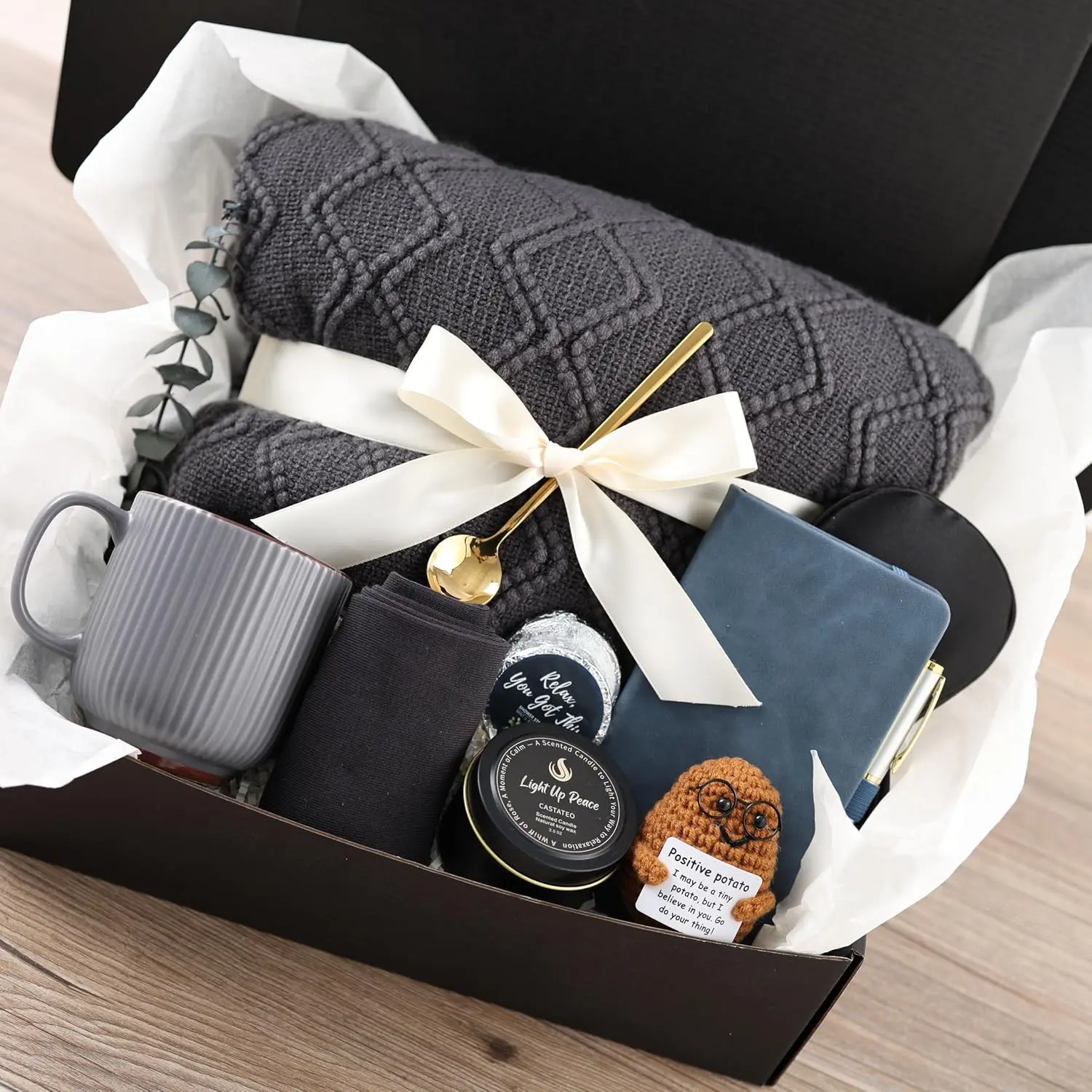 Thoughtful Care Package for Men & - Grey & Navy Gift Box with Knitted Blanket, Mug & Positive - Versatile Thinking of You or Birthday Gift