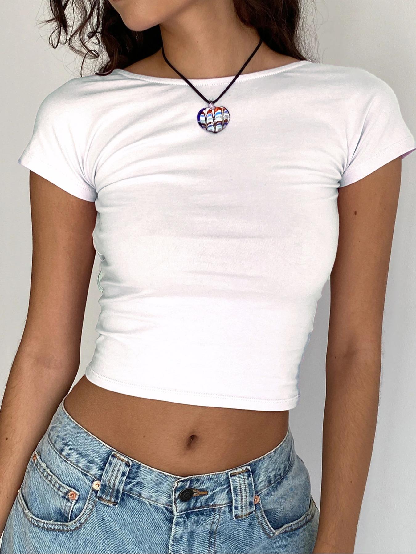 Women's Backless Boat Neck Crop Tee, Lady Comfort Casual Short Sleeve T-Shirt, Ladies Clothes for Daily Streetwear, Tops, Basic Fashion Womenswear