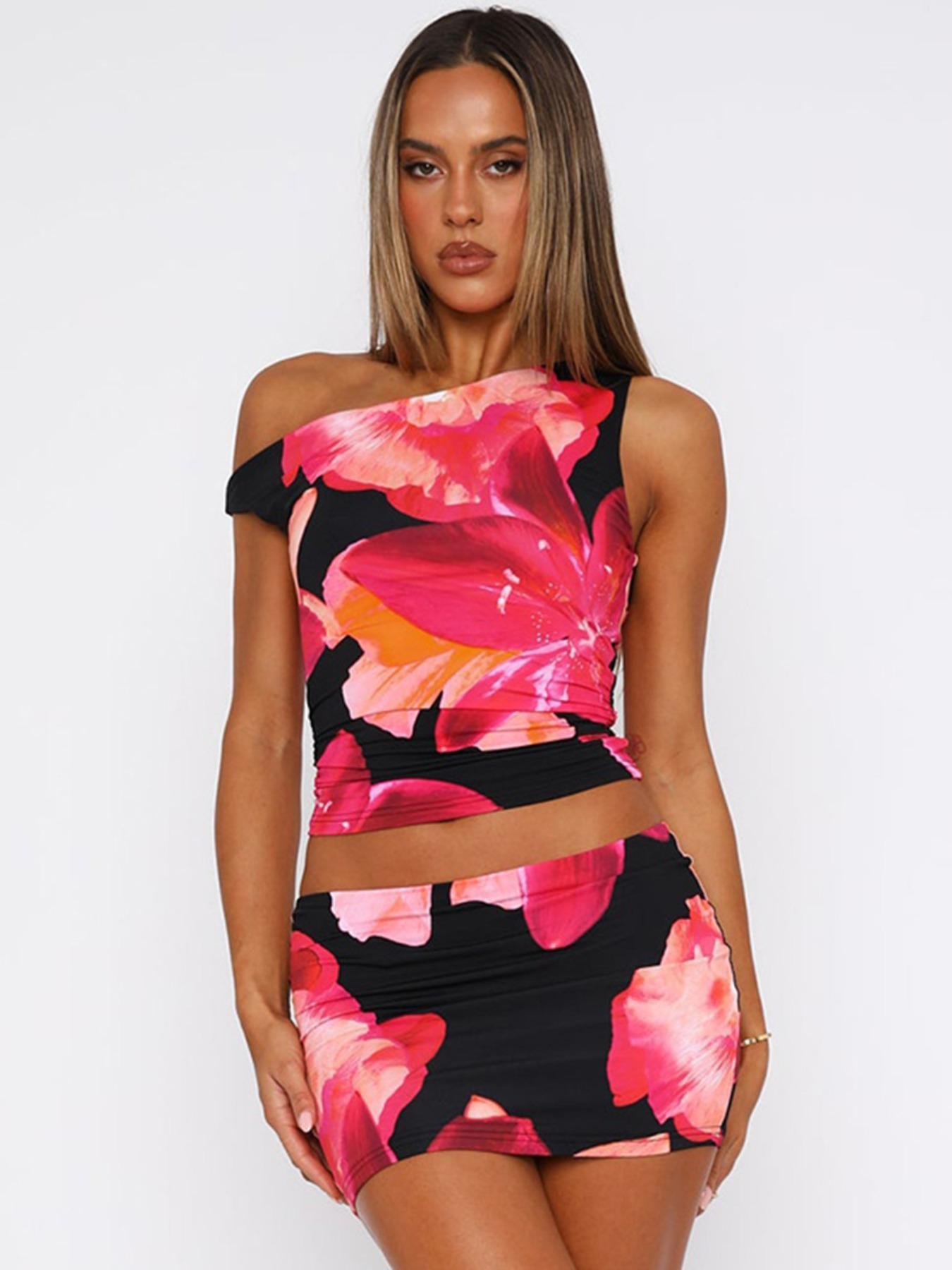 Women's Graphic Print Crop Top & Bodycon Skirt Two-piece Set, Elegant Fashion Casual Top & Skirt for Daily Outdoor Wear, Women's Clothing for Spring & Fall