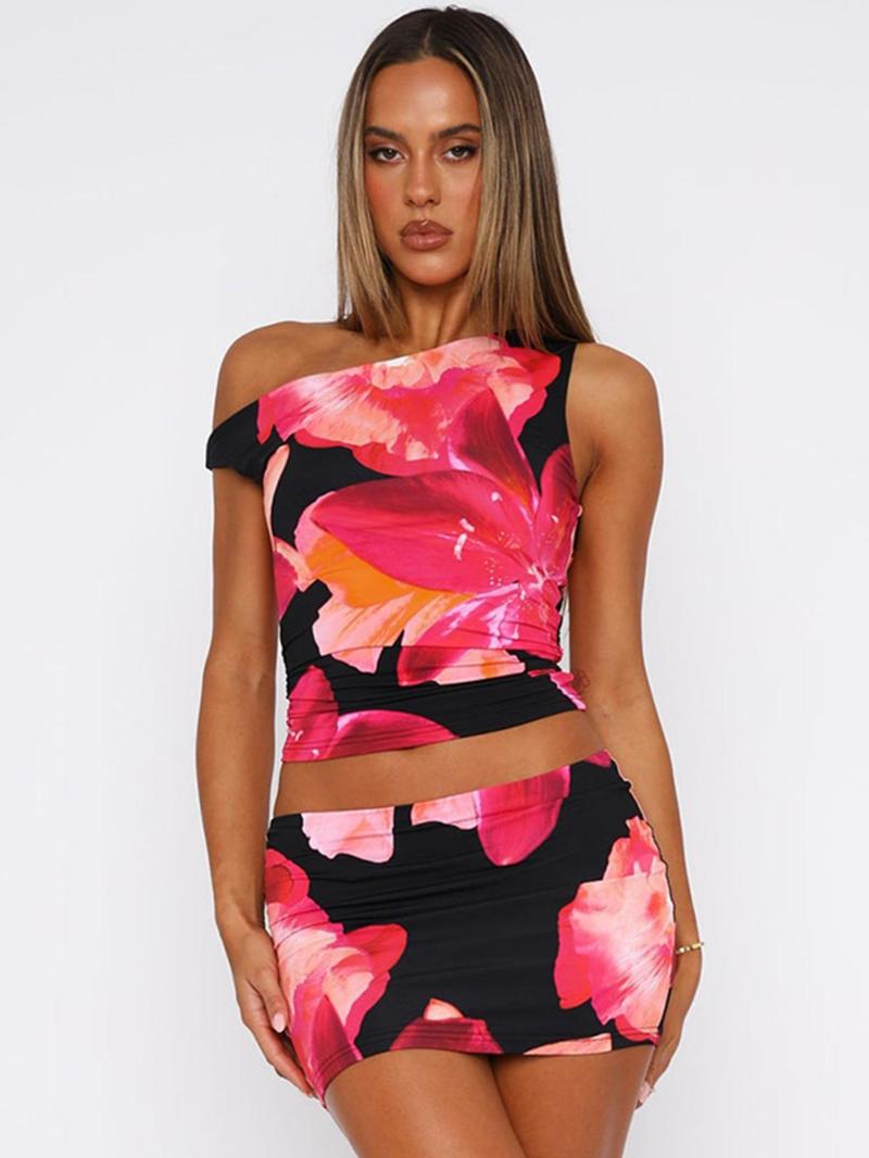 Women's Graphic Print Crop Top & Bodycon Skirt Two-piece Set, Elegant Fashion Casual Top & Skirt for Daily Outdoor Wear, Women's Clothing for Spring & Fall