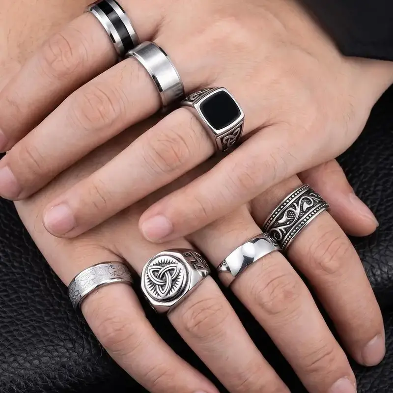 Men's Stainless Steel Rings Set, Silver Color Matte Finish Punk Style, Vintage Design, All Seasons Wear, 7 Piece Jewelry Collection, Stacking Ring Set, Statement Multi Ring, Stackable Rings