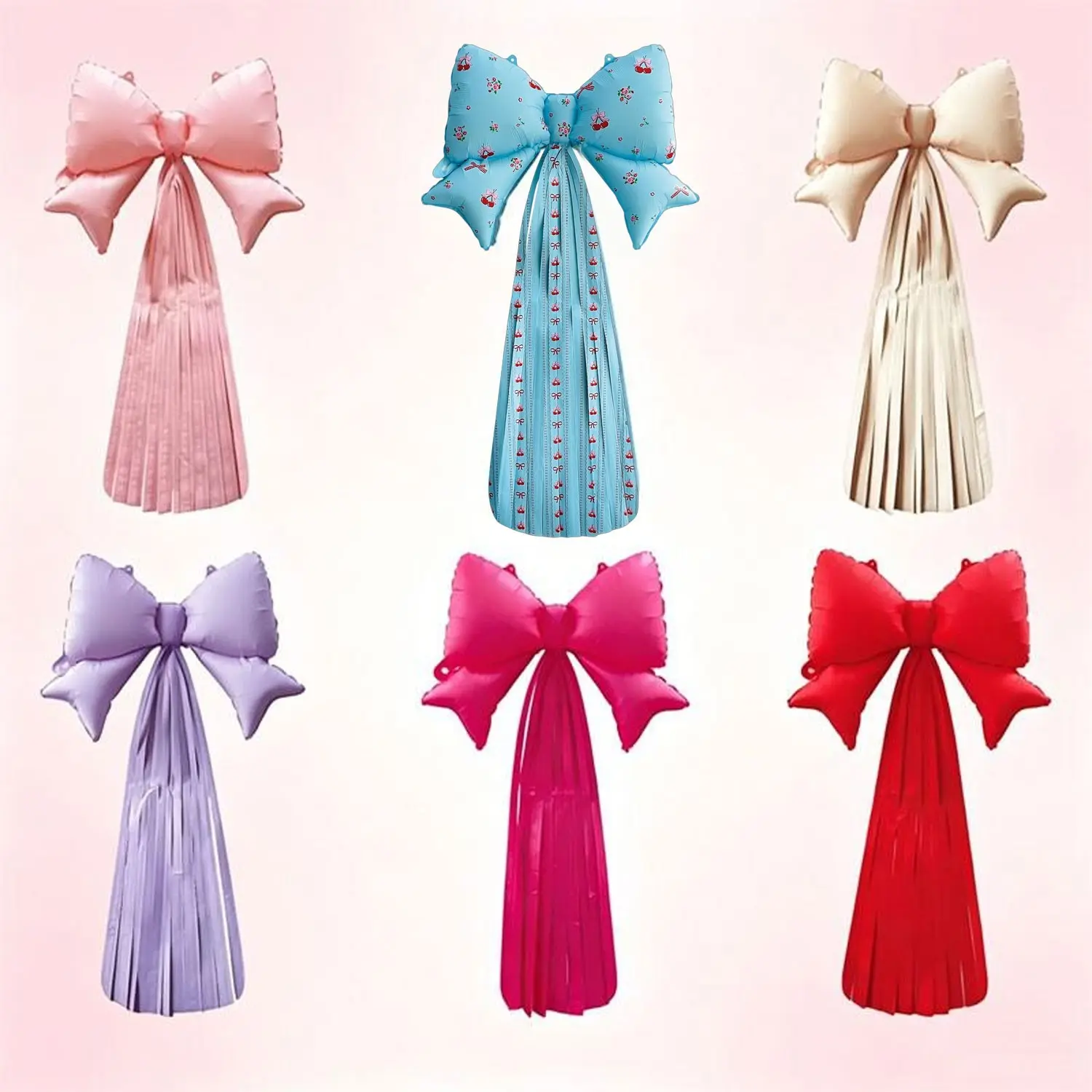 43-inch Tassel Bow-Shaped Aluminum Foil Balloons, Party Balloons Decorations, available in purple, pink, blue; choose from 10 options across two styles—solid colors and floral prints—ideal for birthday parties, wedding/proposal setups