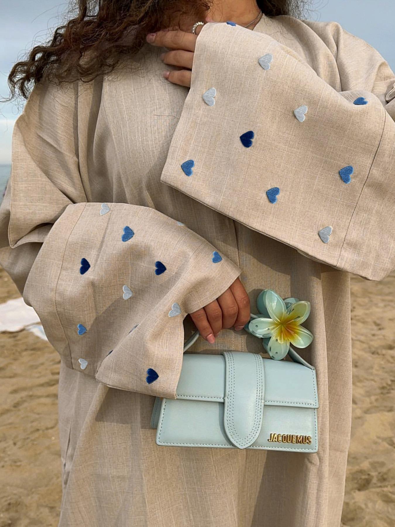 Women's Heart Embroidery Long Sleeve Open Abaya, Modest Casual Outerwear for Daily Wear, Ladies Islamic Clothing for All Seasons