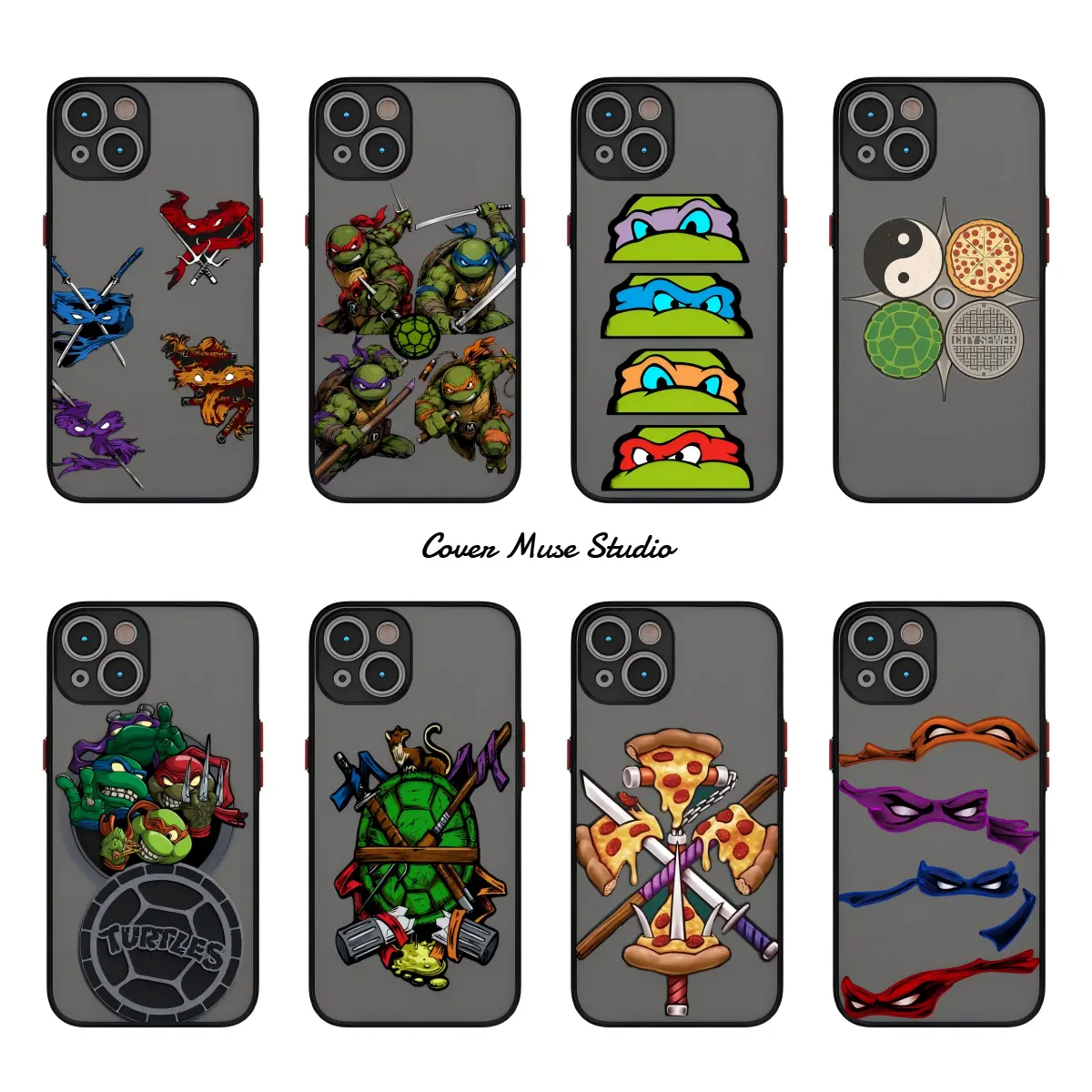Teenage Mutant Ninja Turtles Phone Case for iPhone 11 12 13 14 15 16 17, Matte Silky Skin Feel Shockproof Case, Hard Semi Transparent PC Back Soft TPU Cover with Red Side Buttons, Retro TMNT Pizza Weapon Cartoon Protective Shell