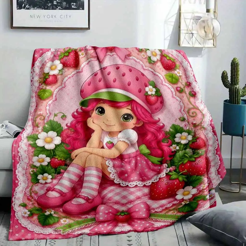 Kawaii Strawberry Princess Flannel Blanket‑Anti‑Pilling Fabric, Cute Theme Soft Cozy Lightweight Plush, Matches cooling blankets pillows couch cover for sofa bedding set comforter set, Multi‑Size Indoor Outdoor Throw, Sofa Bedroom Valentine Gift Decor