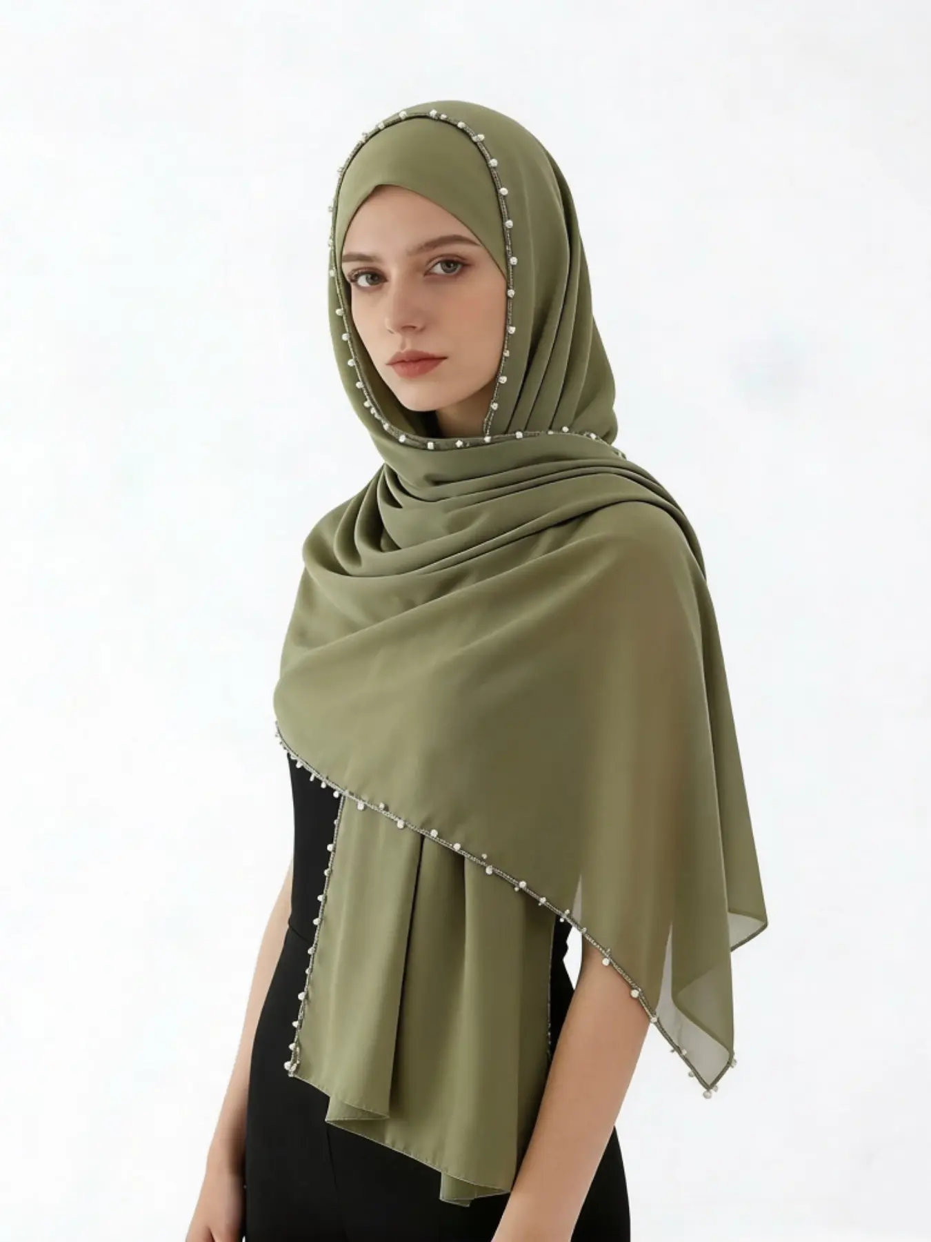 Elegant Pearl Beaded Chiffon Headscarf, Simple Muslim Women's Shawl, Ethnic Style Solid Color Scarf, Stylish Wrap for Daily Wear