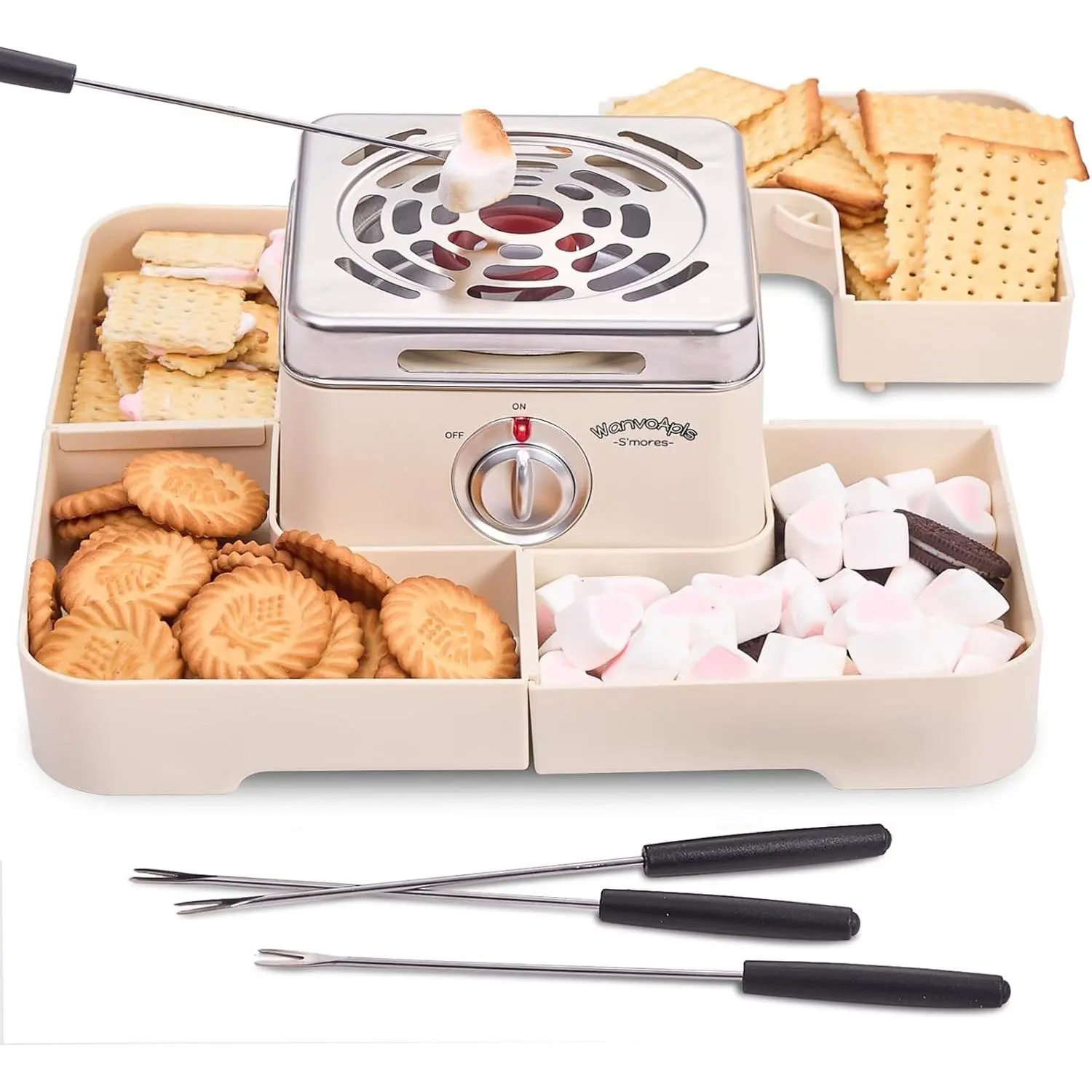 Electric Flameless Heat Tabletop S'mores Maker Indoor Kit, White, with 4 Detachable Trays, 4 Stainless Steel Forks