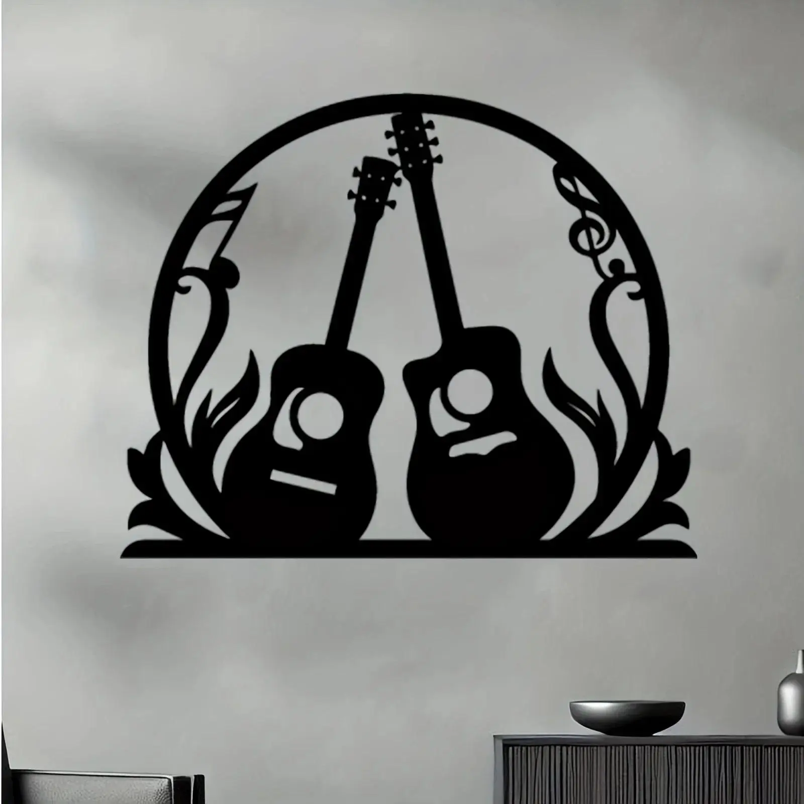 Dual Acoustic Guitars Circular Music Note Metal Wall Art Floral Vine Guitar Silhouette Metal Wall Hanging Black Metal Sign for Music Studio Living Room Guitar Lover Home Wall Decor