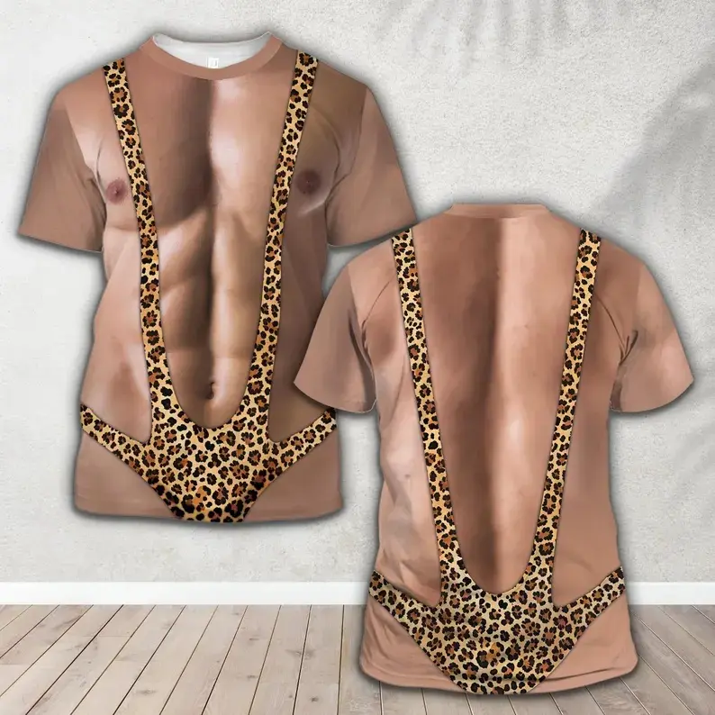 3D Hairy Muscle Body Swimsuit T-Shirt for Men, Funny Mankini Tee Leopard Print Mankini Shirt Adult Party Costume for Beach Bachelor Gift # TikTokMadeMeBuyIt # PatrioticMensShorts # SummerBeachWear # GiftForMen