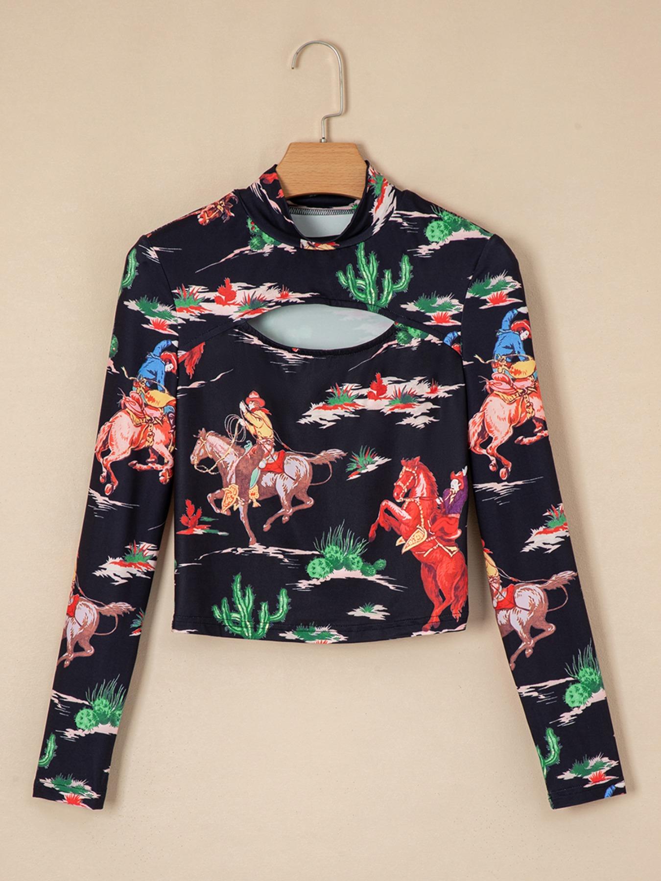 Women's Horse Print Cut Out Mock Neck Tee, Casual Long Sleeve Crop T-Shirt for Spring & Fall, Women's Top for Daily Wear, Womenswear