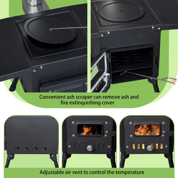 Portable Wood Burning Stove for Tent & Camping, Carbon Steel Folding Heater with 3 Chimney Pipes & Fire Blanket for Ice Fishing, Hunting & Cooking